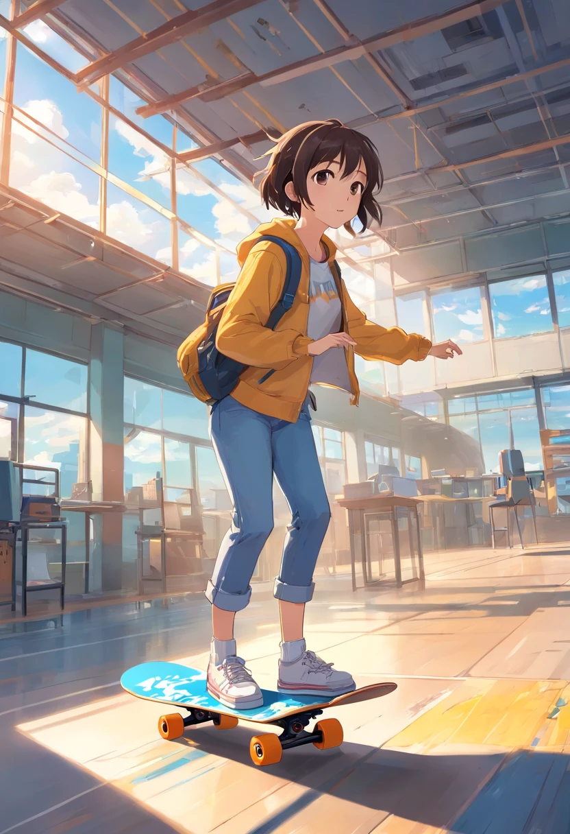 The school building is the backdrop,exterior,playground,The sky is flying((UAVs)),Below is a person sitting in front of a drawing board drawing,Supporting Rack,With your back to the frame, you can see what is drawn on the skateboard,(In the drawing board is a girl holding a camera with VR glasses)