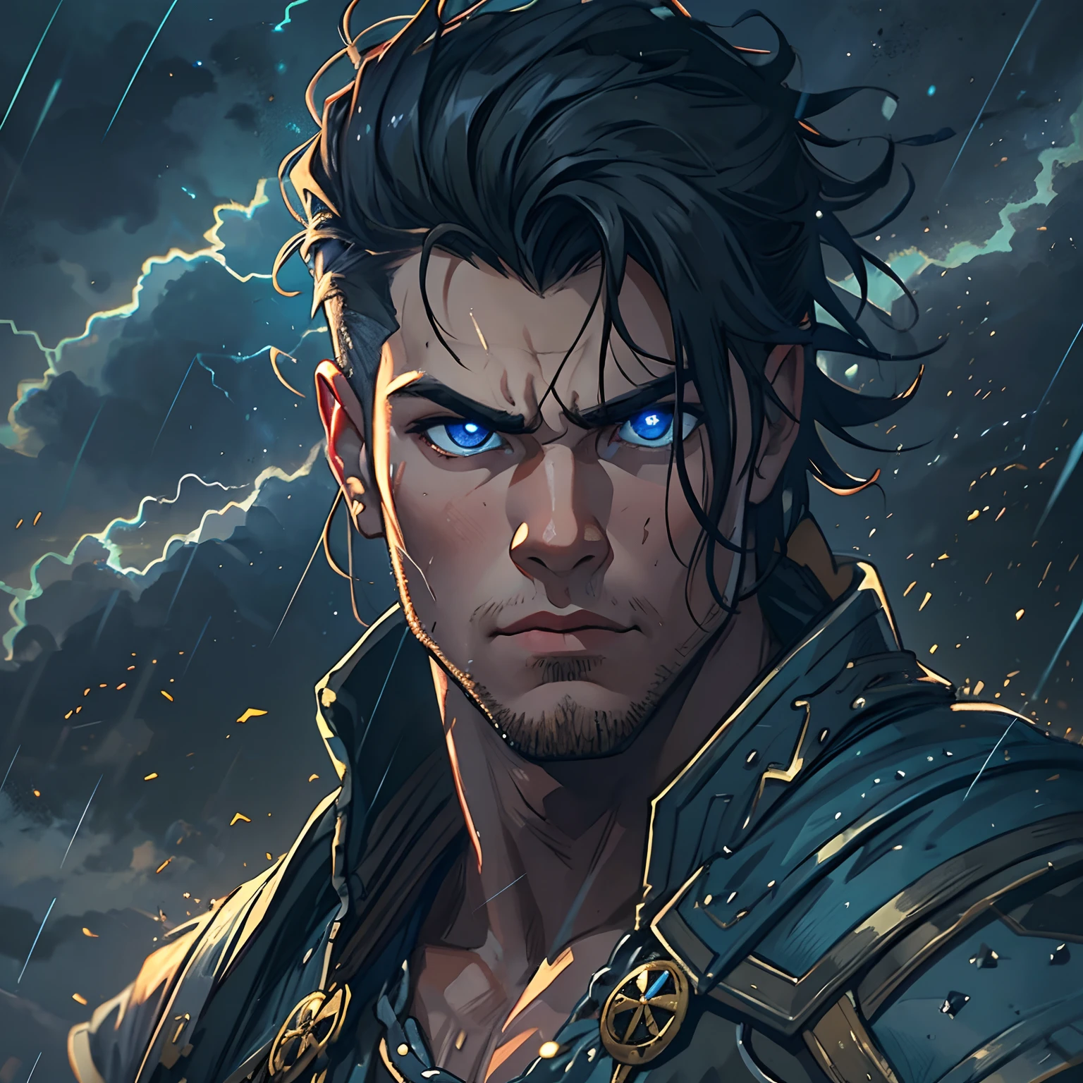 A handsome young man with blue eyes and medium-sized black hair, olhar arrogante, emo, como um corte de cabelo Undercut, corte de cabelo curto, mas com a lateral do cabelo raspada, com um porte fisico muito forte e musculoso, This young man is a warrior, He wears a light suit and is in the middle of a storm, no topo de uma montanha, Like a Prince of Thunder, the sky lit by lightning in the storm, electricity by his thunder magic body he is like a thunder god: Como Thor, He is a warrior prince, magical dark sky, nuvens negras no meio de uma tempestade, water, Rain and Thunder An Art for an RPG A Medieval Art for an RPG
