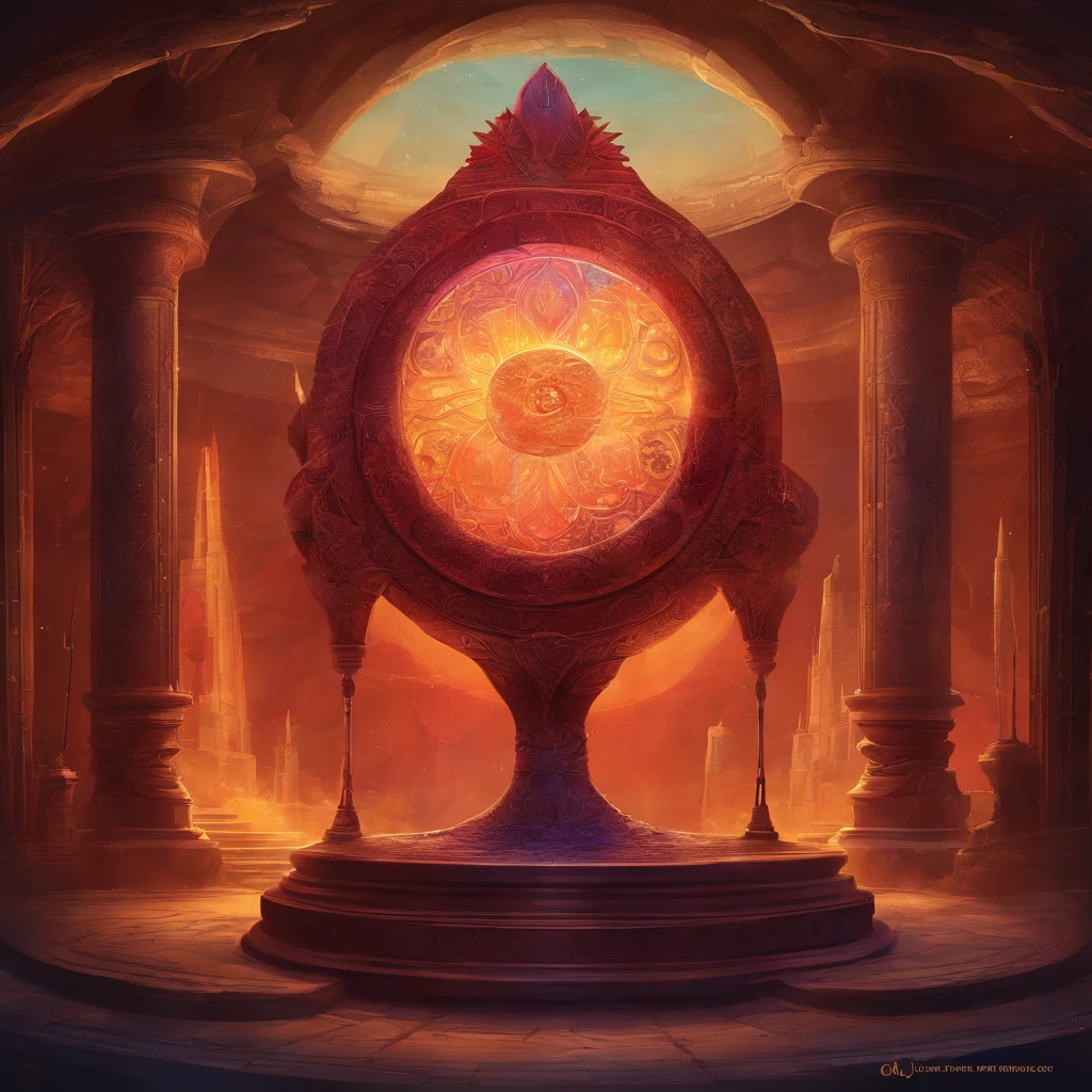 An ancient, enigmatic, and powerful artifact, known as "The Eye of Darkness," is at the center of the image. It rests on an ancient stone pedestal in a secret room in the basement of an old mansion. The artifact is carved from a dark, gleaming, unknown material, and its surface is adorned with bright gems that shimmer in shades of deep red and blue.