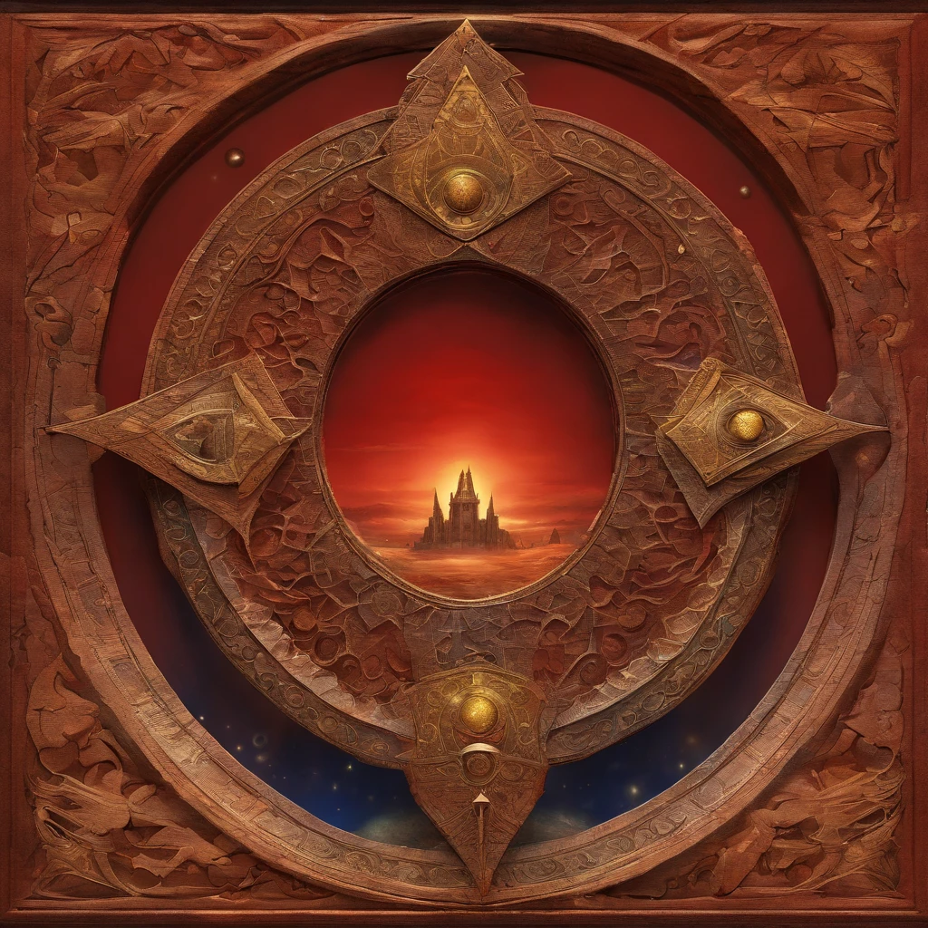An ancient, enigmatic, and powerful artifact, known as "The Eye of Darkness," is at the center of the image. It rests on an ancient stone pedestal in a secret room in the basement of an old mansion. The artifact is carved from a dark, gleaming, unknown material, and its surface is adorned with bright gems that shimmer in shades of deep red and blue.