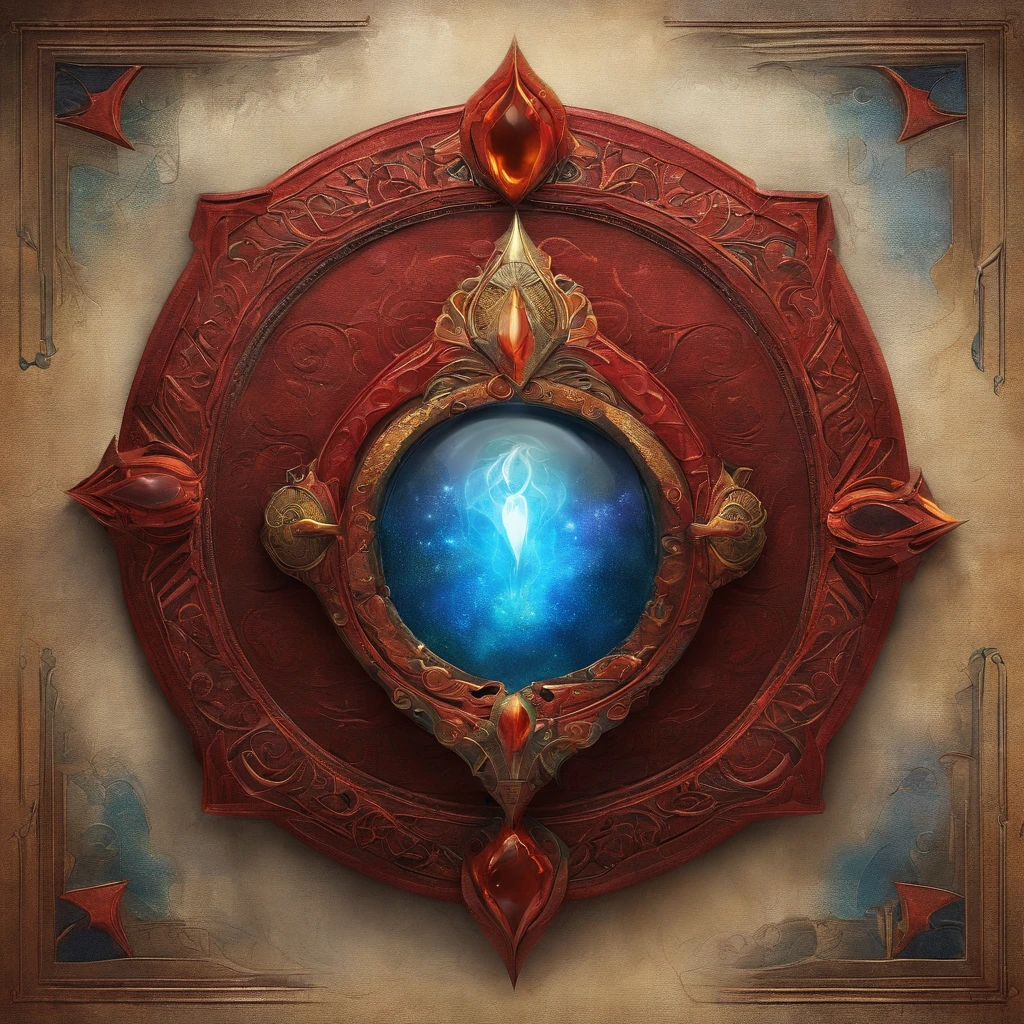 An ancient, enigmatic, and powerful artifact, known as "The Eye of Darkness," is at the center of the image. It rests on an ancient stone pedestal in a secret room in the basement of an old mansion. The artifact is carved from a dark, gleaming, unknown material, and its surface is adorned with bright gems that shimmer in shades of deep red and blue.