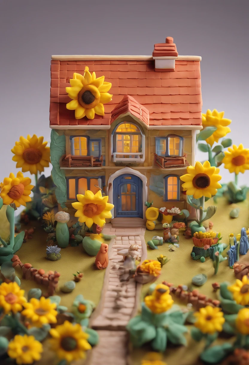 a sunflower house gloria studio, the garden is full of sunflowers, clay material, cartoonish design style, pop mart, soft lighting, smooth lines, tilt-shift lenses, detailed science fiction illustrations, hyper-realistic details, warm color