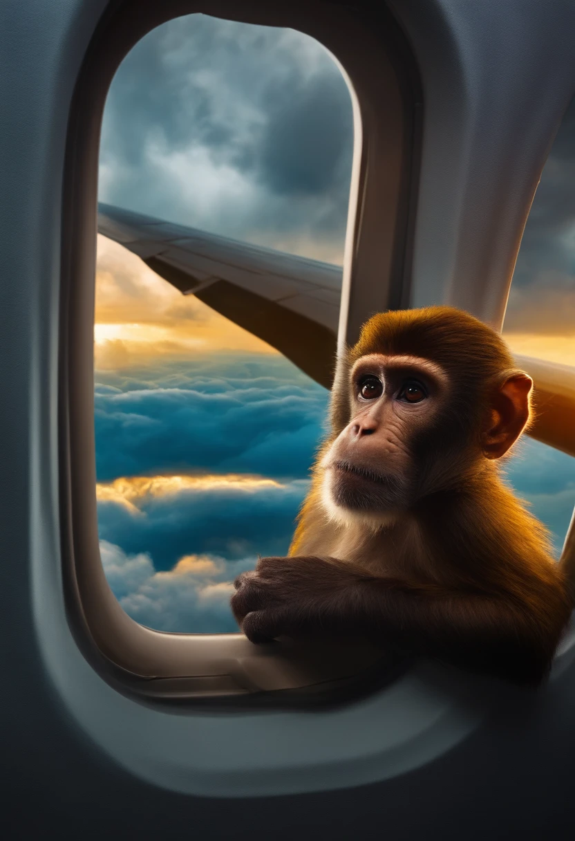 the face of a man watching through the window of an airplane, a strange type of monkey standing under the wing of the airplane as it passes through a storm