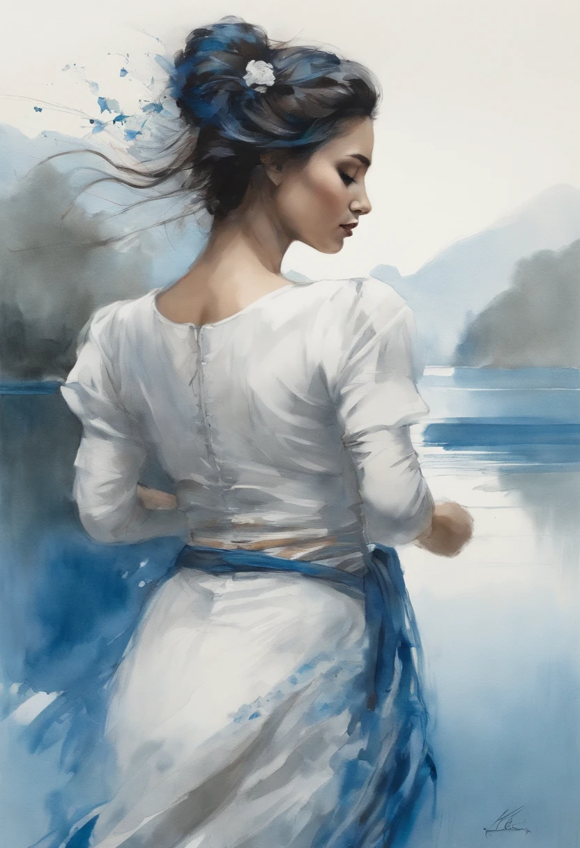 a woman dancing at Lake Peter Draws, comiс style, Dong Son drum patterns background, contraste preto e branco. anatomia perfeita, Centrado, Dynamic, altamente detalhado, pintura em aquarela, artist station, arte conceitual, macio, foco nítido, illustration, arte de Carne Griffiths e Wadim Kashin, Accent in near indigo and blue ,style of Hokusa