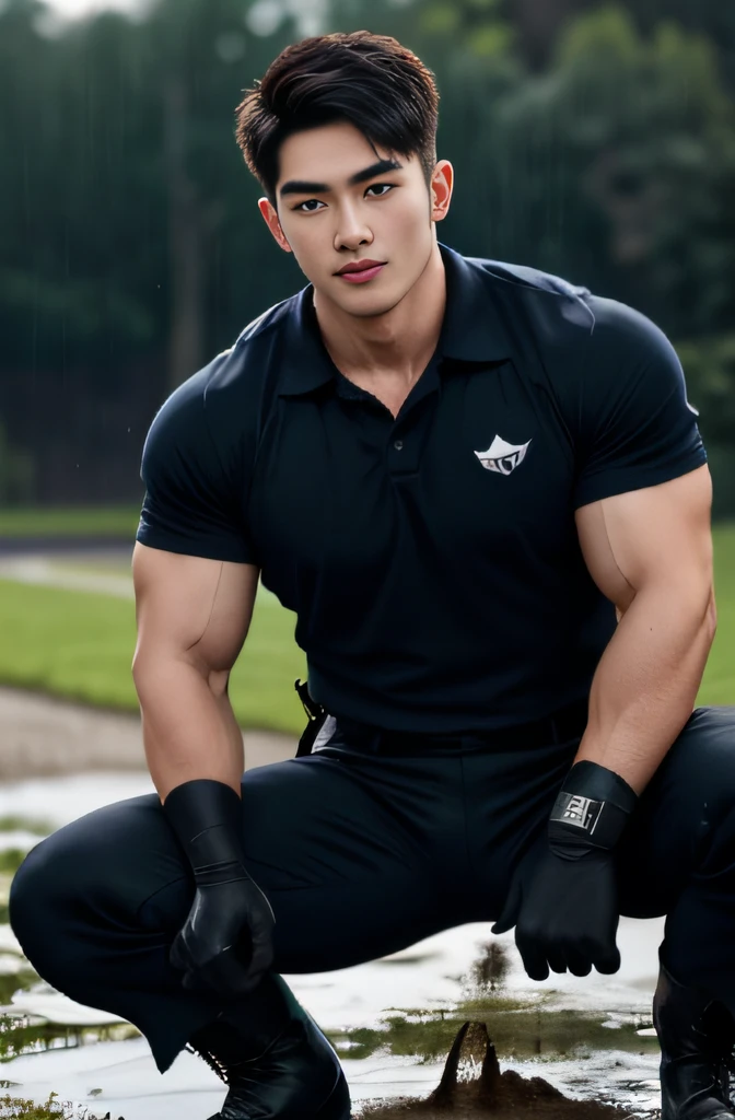 20-year-old boy ,Korean male officer ,Thin mustache...,handsome ,Wear a dark navy short-sleeved shirt.............., Dark navy trousers, Black boots and dark navy gloves.,sit on the ground , His legs spread apart..............................., Police Logo ,tight breasts ,Muscle Man , ((The arm muscles are very large..................)) ,large boobs , Wide shoulders ,open legs ,Hold the bulge firmly with both hands.............................................. ,Large long bulge pointing upwards...................................... ,Sexually suggestive, (Dynamic Poses:1.1) , thights , (Embossed Focus:1.2),On your knees........................, ,It's raining ,Mud Pond , Best qualtiy , Wide lens ,deep depth of field ,Bokeh background