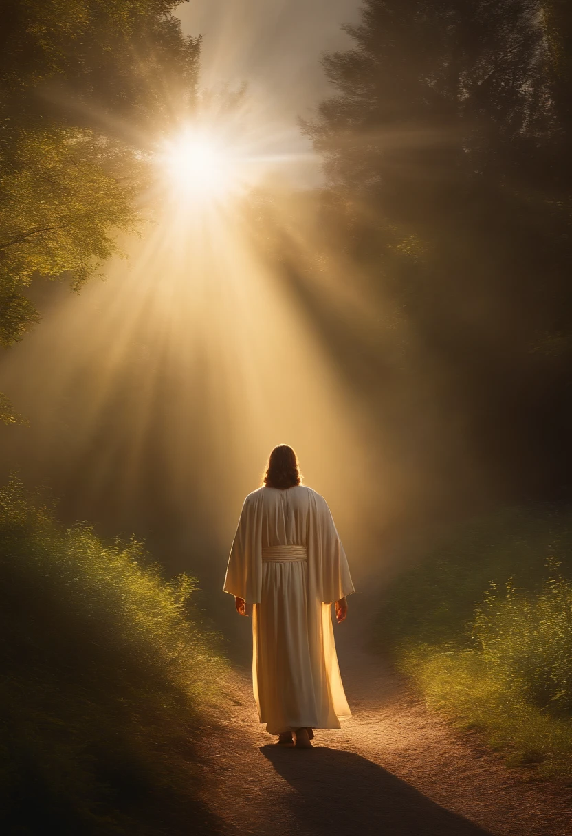 jesus, glorious, splendid, dwelling in the land, promised land, new canaan, jesus walking with the righteous, surface world, rays of light, surface scattering, impeccable world, realistic, cinematic, 8k