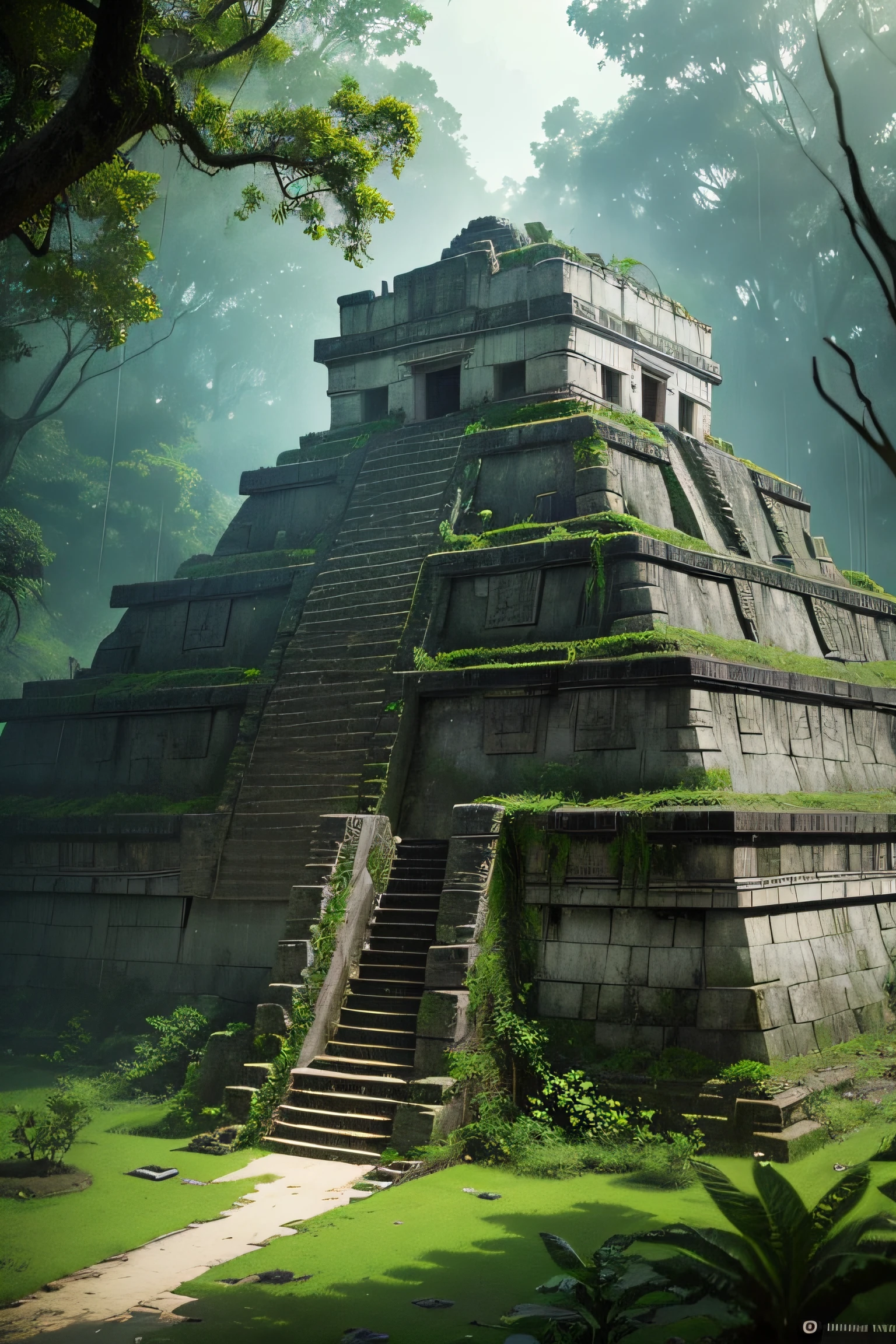 An arial Photograph of a rain-soaked Mexican Mayan temple, adorned with lush vegetation, revealing intricate details amidst the raw emotional intensity.