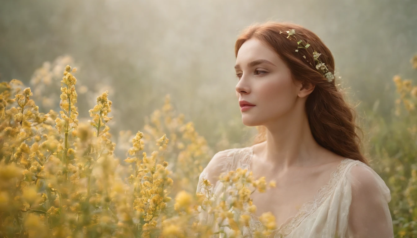 A Bela Adormecida、Pinturas de Millet「Ophelia」Mentir como、Mulher dormindo tranquilamente、manto branco、Loira frouxamente enrolada、Particles of light flying around、The halo is glowing、fundo dourado、cama macia、((bokeh dof))、It's overflowing with flowers and plants、profundidade de campos、Realistic, paisagem noturna