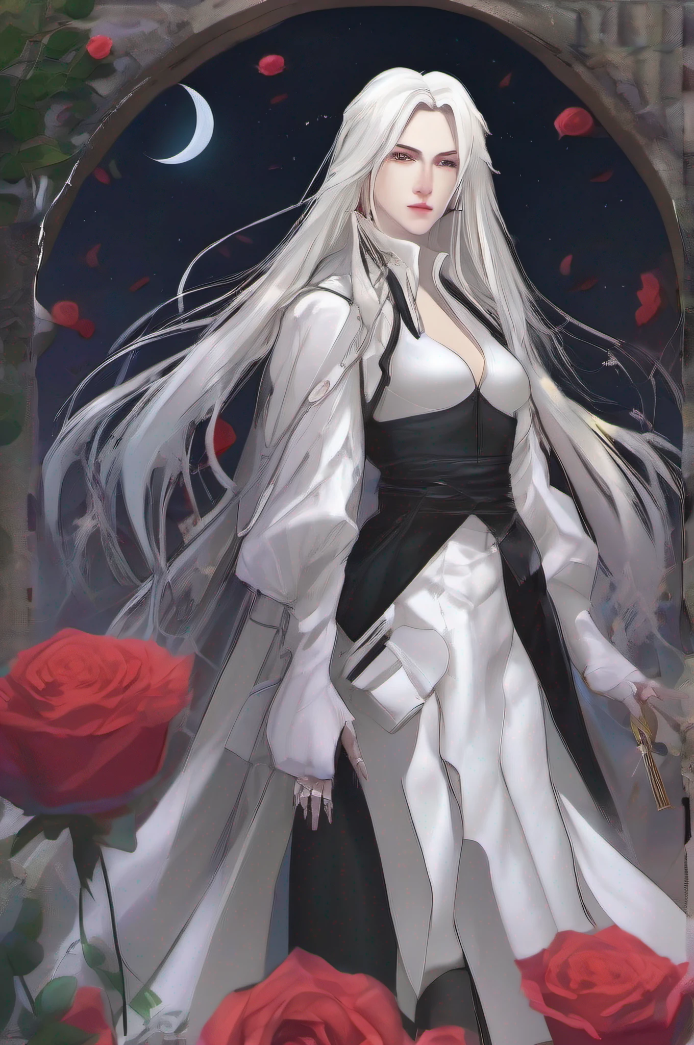 Masterpiece, Highest quality, (solofocus), (Perfect face:1.1), (High detail:1.1), (hyper detail eyes), Dramatic, One has pale skin,A guy with white hair, White eyes, Solo, Long hair, Sephiroth, Moon, Night, white luxury suit, covered navel, pouty lips, fur, Arrogant expression, Rose garden, Detailed background, Art germ, Cinematic lighting, rosette, Fashion, BalenciagaStyle