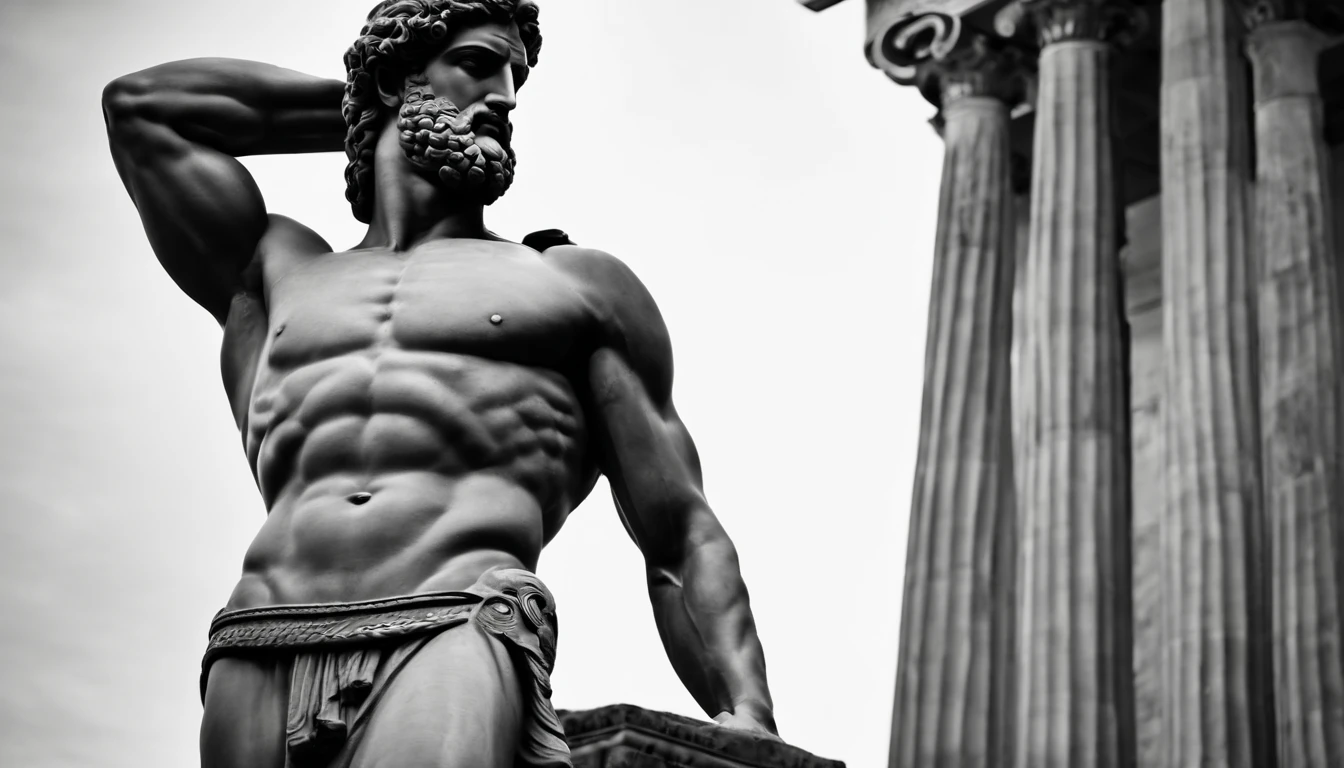 an ancient Greek statue, strong and muscular, image in black and white.