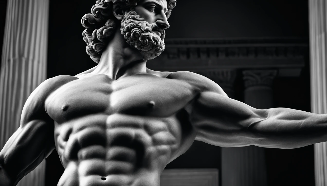 an ancient Greek statue, strong and muscular, image in black and white.