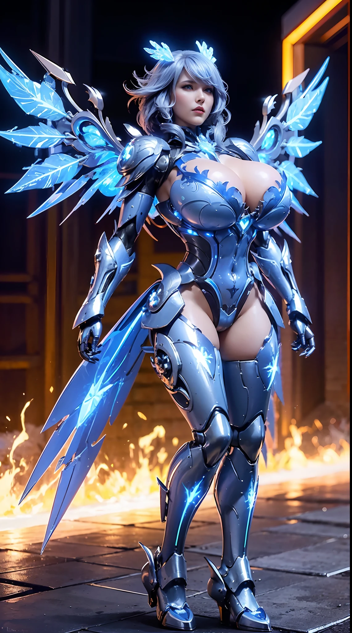 HUGE BOOBS, ICE MECHA ARMOR FULL SUIT, (CLEAVAGE), (A PAIR LARGEST PHOENIX WINGS), TRANSPARANT, TALL LEGS, STANDING, SEXY BODY, MUSCLE ABS.