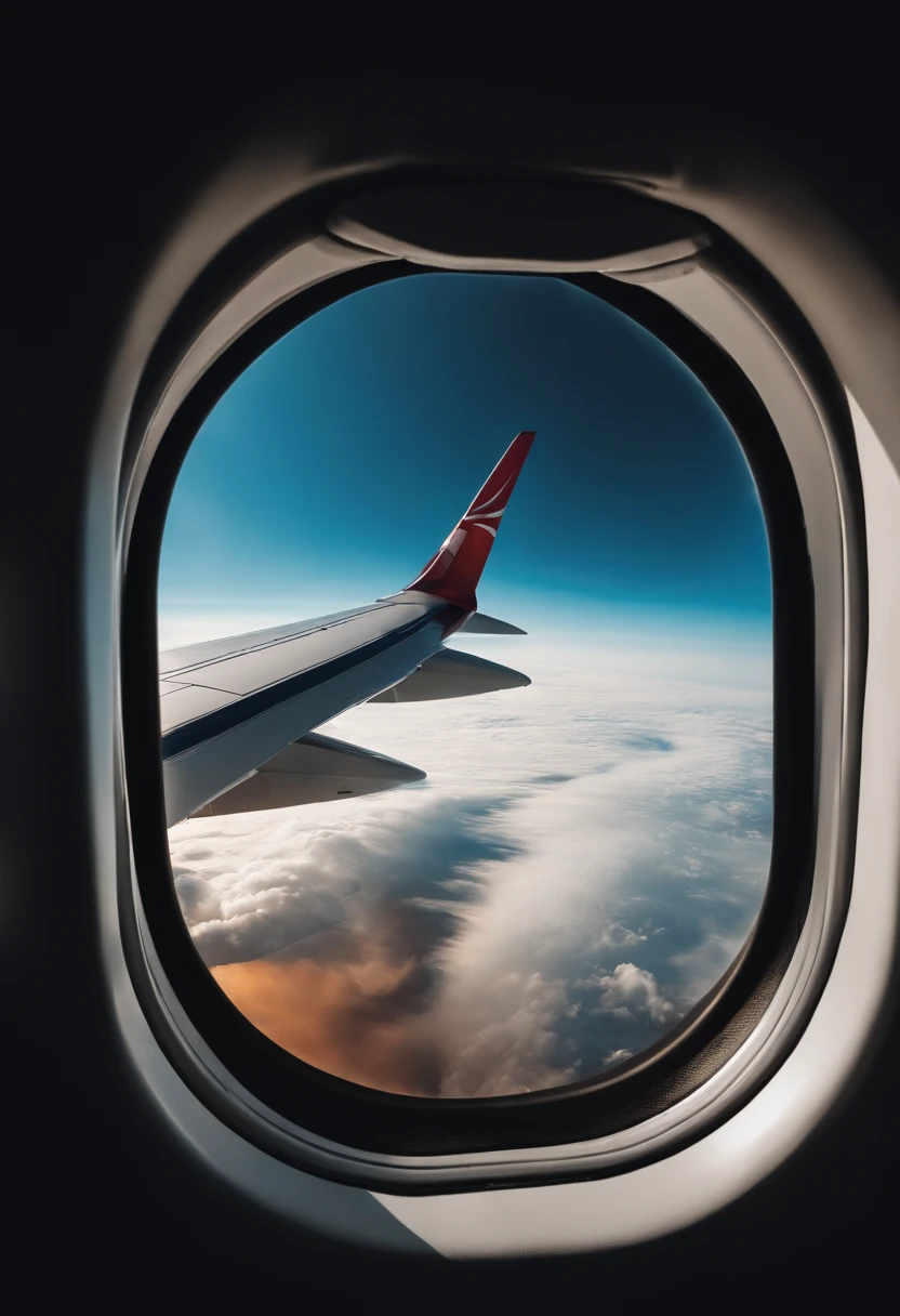 an airplane window with a furry man standing on the wing from the outside