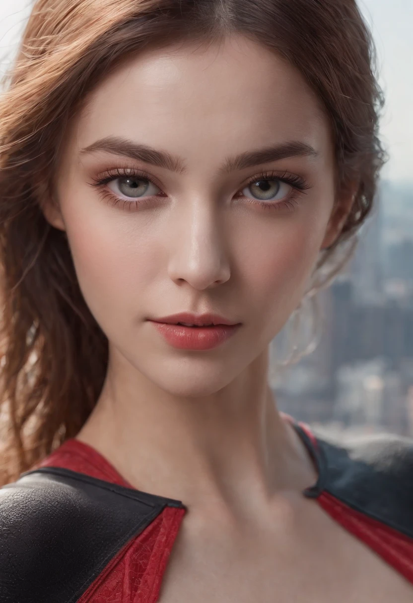 (1 girl:1.3), Solo, (((Highly detailed face)))), ((Highly detailed eyes and face)))), Beautiful detailed eyes, Body parts__, official art, unified 8k wallpaper, ultra detailed, beautiful and beautiful, beautiful, masterpiece, best quality, original, masterpiece, ultra fine photography, best quality, ultra high definition, realistic realism, sunlight, full body portrait, amazing beauty, Dynamic pose, delicate face, vivid eyes, (from the front), she is in a spider-man suit, red and black color scheme, spider, highly detailed city roof background, rooftop, overlooking the city, detailed face, detailed complex busy background, messy and gorgeous milky white, highly detailed skin, realistic skin details, visible pores, clear focus, volumetric fog, 8k UHD, DSLR, high quality, Film grain, fair skin, photorealism, lomography, futuristic dystopian megalopolis, translucent, eros, clothes with chest visible, crotch area fully visible, sheer