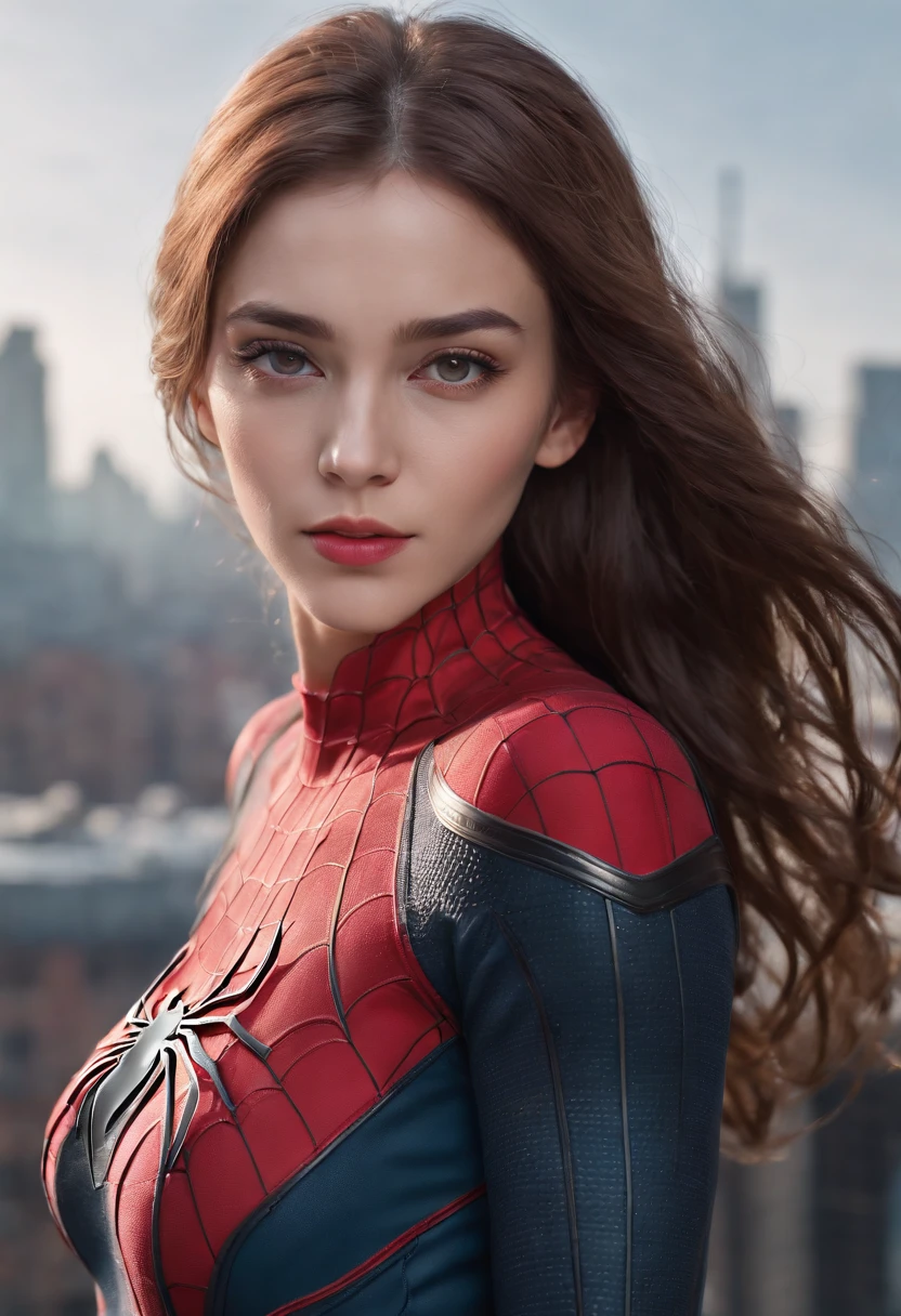(1 girl:1.3), Solo, (((Highly detailed face)))), ((Highly detailed eyes and face)))), Beautiful detailed eyes, Body parts__, official art, unified 8k wallpaper, ultra detailed, beautiful and beautiful, beautiful, masterpiece, best quality, original, masterpiece, ultra fine photography, best quality, ultra high definition, realistic realism, sunlight, full body portrait, amazing beauty, Dynamic pose, delicate face, vivid eyes, (from the front), she is in a spider-man suit, red and black color scheme, spider, highly detailed city roof background, rooftop, overlooking the city, detailed face, detailed complex busy background, messy and gorgeous milky white, highly detailed skin, realistic skin details, visible pores, clear focus, volumetric fog, 8k UHD, DSLR, high quality, Film grain, fair skin, photorealism, lomography, futuristic dystopian megalopolis, translucent, eros, clothes with chest visible, crotch area fully visible, sheer