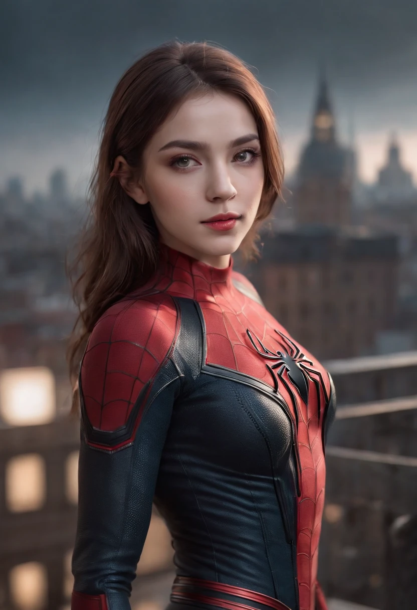 (digital painting: 1.4), Viviansz Une belle femme dans un costume de Spider-Man, Face au spectateur, standing on a building, Fonds urbain, The Ultimate Masterpiece, very high detail, Realstic, 8k, Consistent posterior
