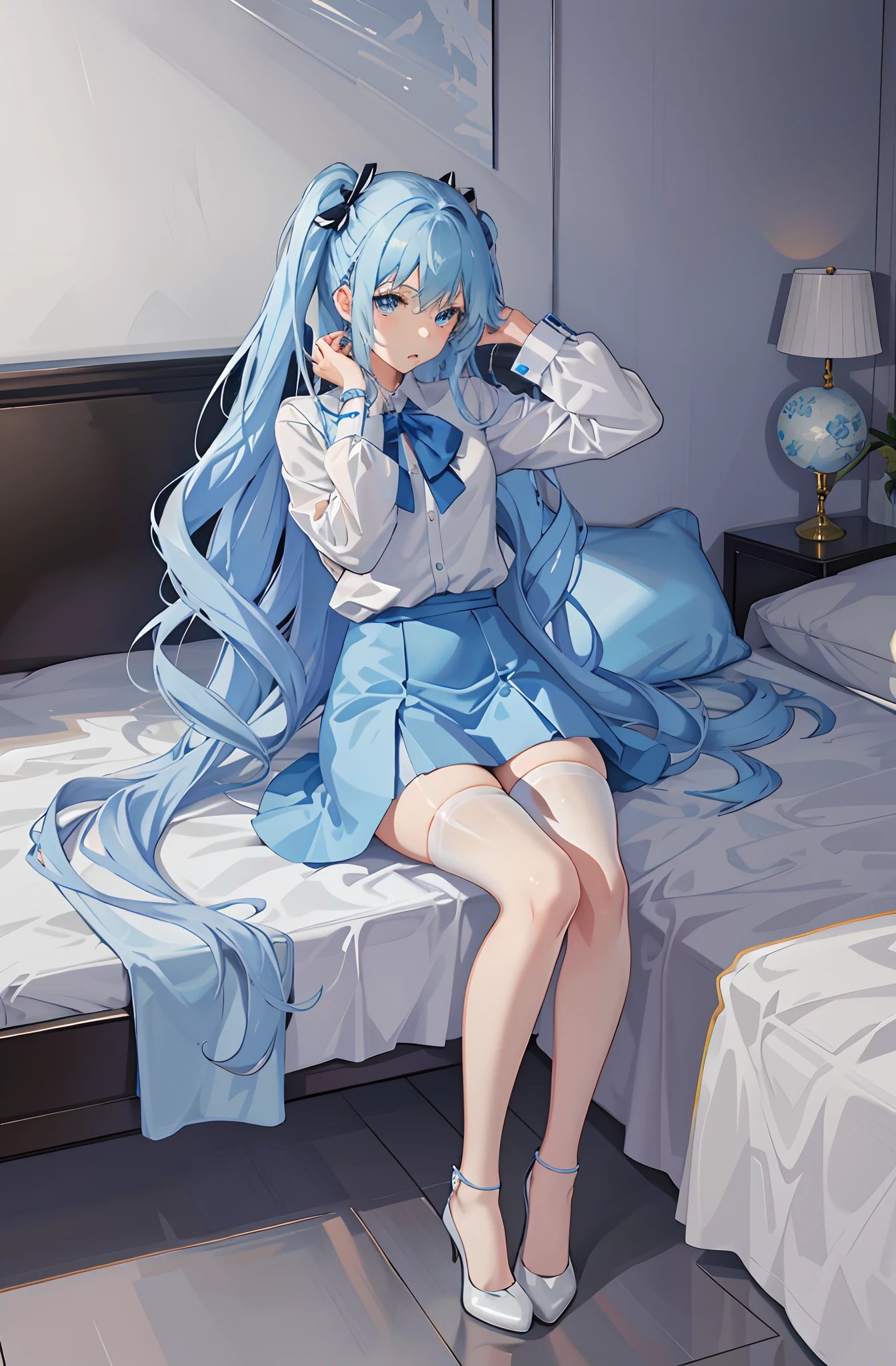 Stylish girl standing by bed in blue dress and white shirt, trending on artstation pixiv, Anime art wallpaper 8 K, Anime moe art style, seductive anime girls, mikudayo, Digital art on Pixiv, Best Rated on pixiv,Anime girl with long hair, Guweiz in Pixiv ArtStation，white stockings，Skin overtones，sweat leggs，moisty，The mouth is slightly open，Facial flushing，Stockings gloss，Thigh shine