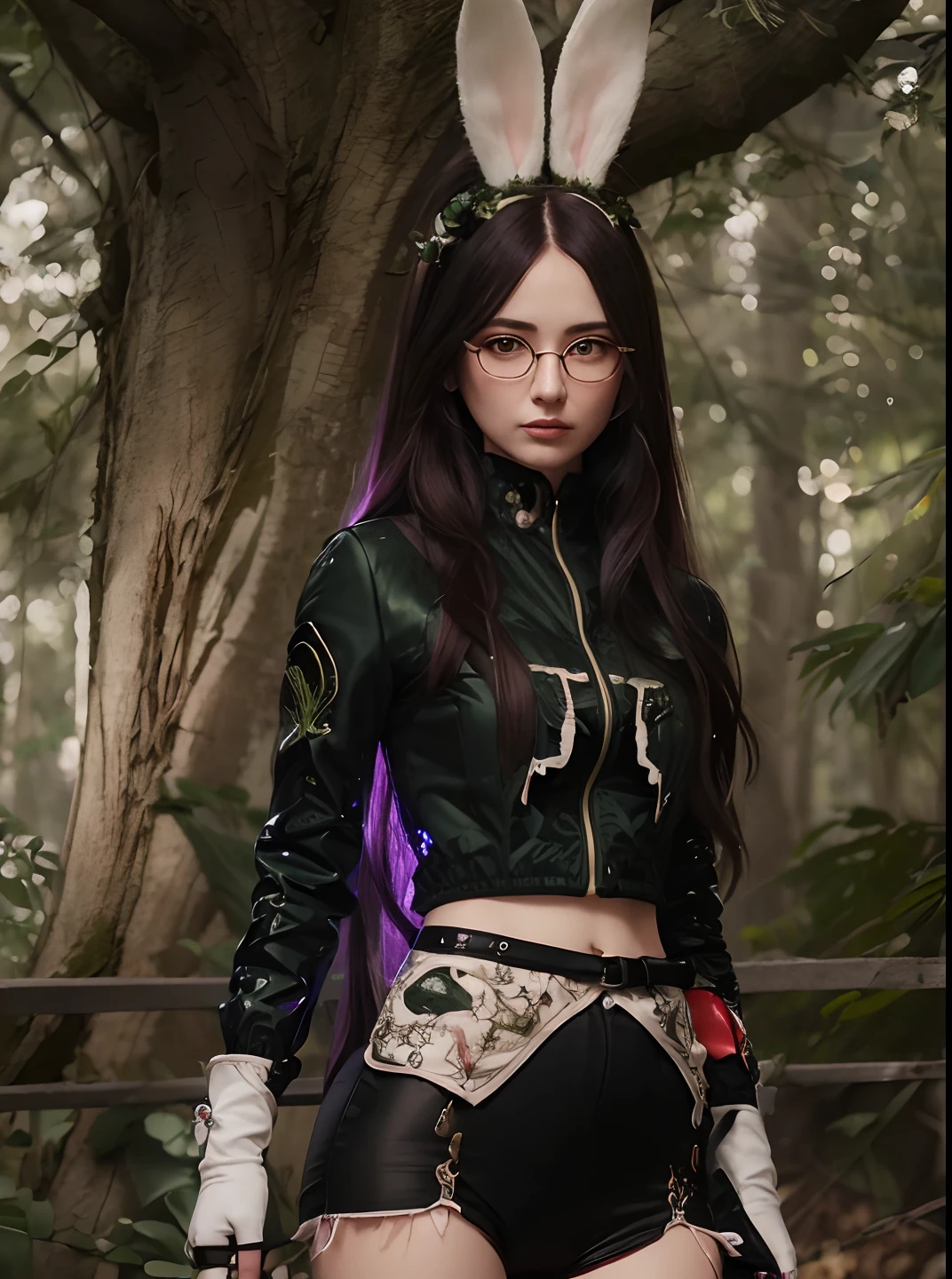 ((1lady)), ((Bunny head)), ((glasses)), ((long hair)), ((tree)), ((detailed)), ((realistic)), ((extremely detailed futuristic)), ((green jacket)), ((beauty face)), ((gloves)), ((undawn)), ((realistic clothes)), ((red eye)),