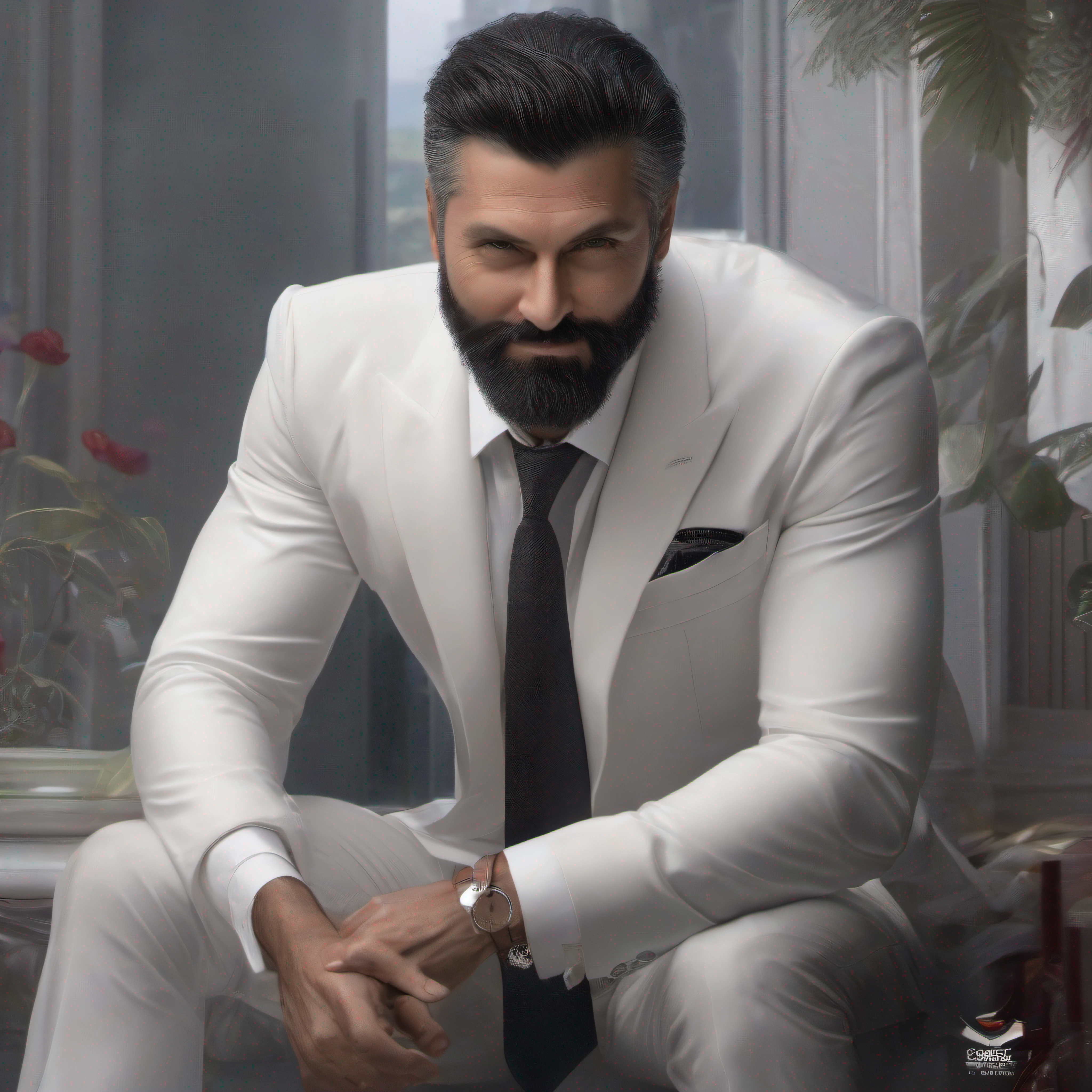 (best quality,highres,realistic:1.2),1 man,45 years old,white,black eyes,black hair,medium volume hair,black beard,wearing white formal clothes (suit,tie,pants,shoes),gentle smile (without showing teeth)