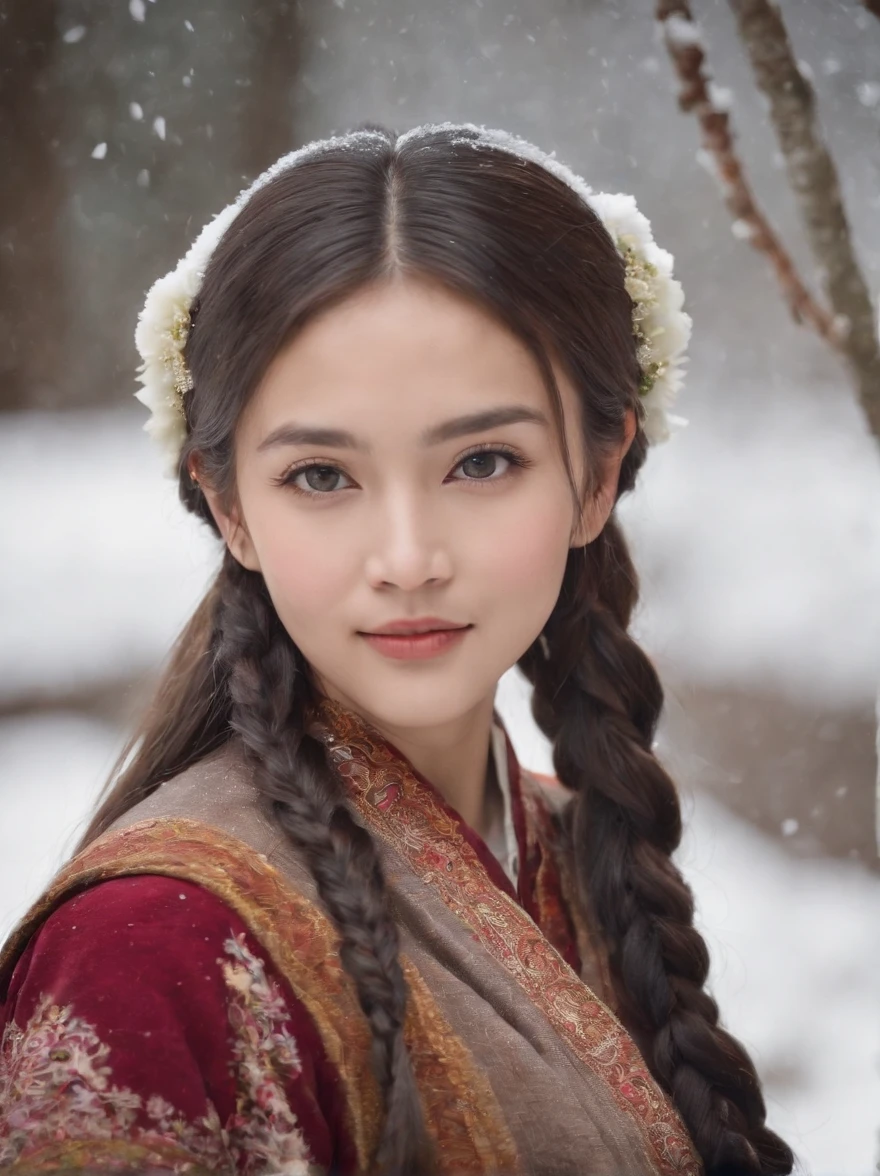 A beautiful girl, big eyes ,very cleanand delicate face, soft and delicate face lines, smiling, optimistic and confident, beautiful long braids, Wear some traditional rich Tibetan ornaments, flowers and beads,side face, side view, long shot, very delicate facial features, In the snow