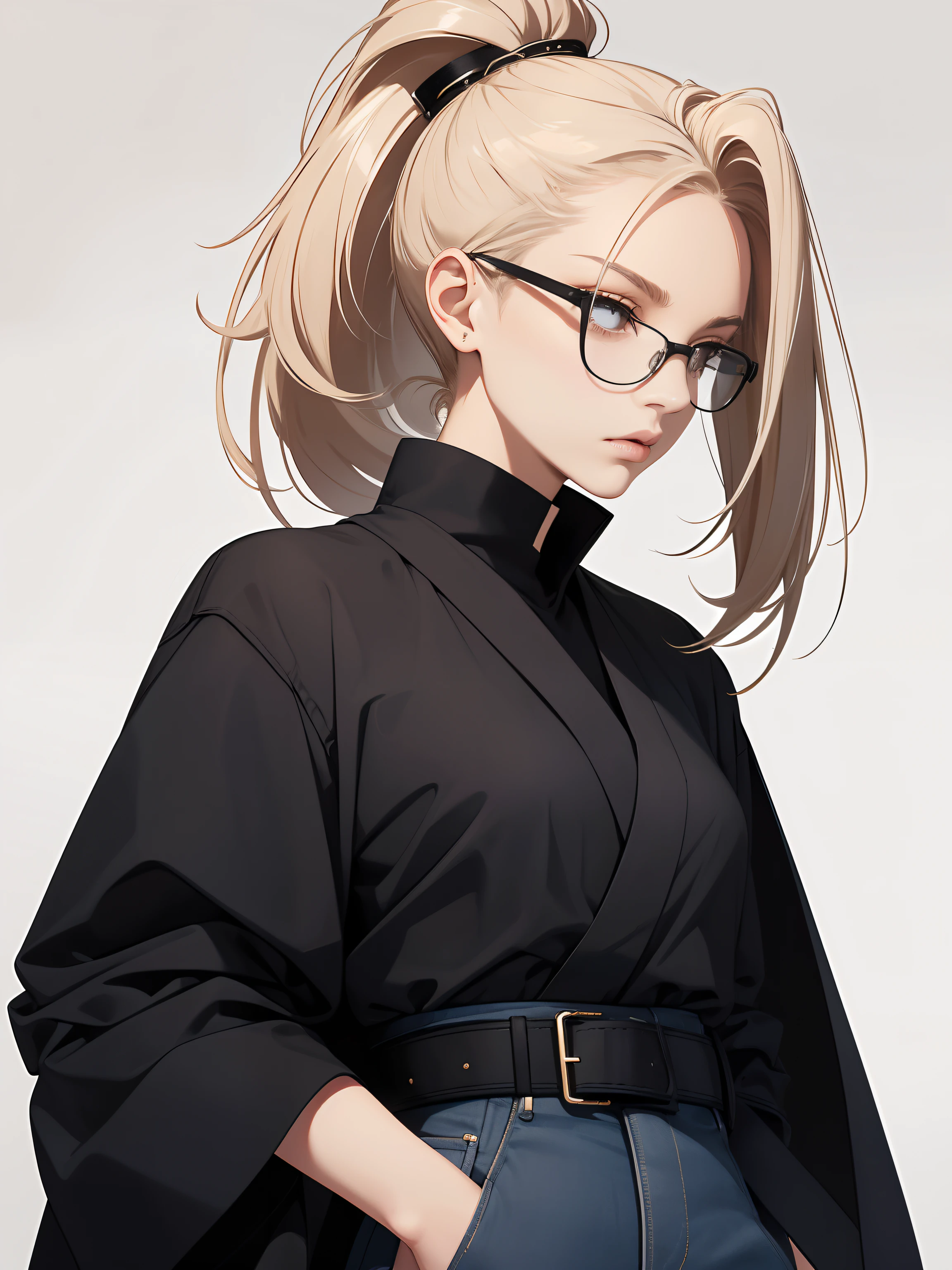 Female with glasses. Reading a book . makeup, mascara, Lips are subdued or colors, monotone, blond, jacket and jeans, simple color palettes, bun hair, ponytail hairstyles, Clean, sharp designs, flowing silhouettes, loose long robe, high-waisted belt, asymmetrical, geometric, Elegant and luxurious materials and designs, Simple, minimal accessories, Distinctive designs, simple silhouettes, chic and mature impression, simple and sophisticated female samurai style, elegance, minimalism, high quality materials, cool and urban impression, high fashion, , simplicity and sophistication, complex background. Low angle