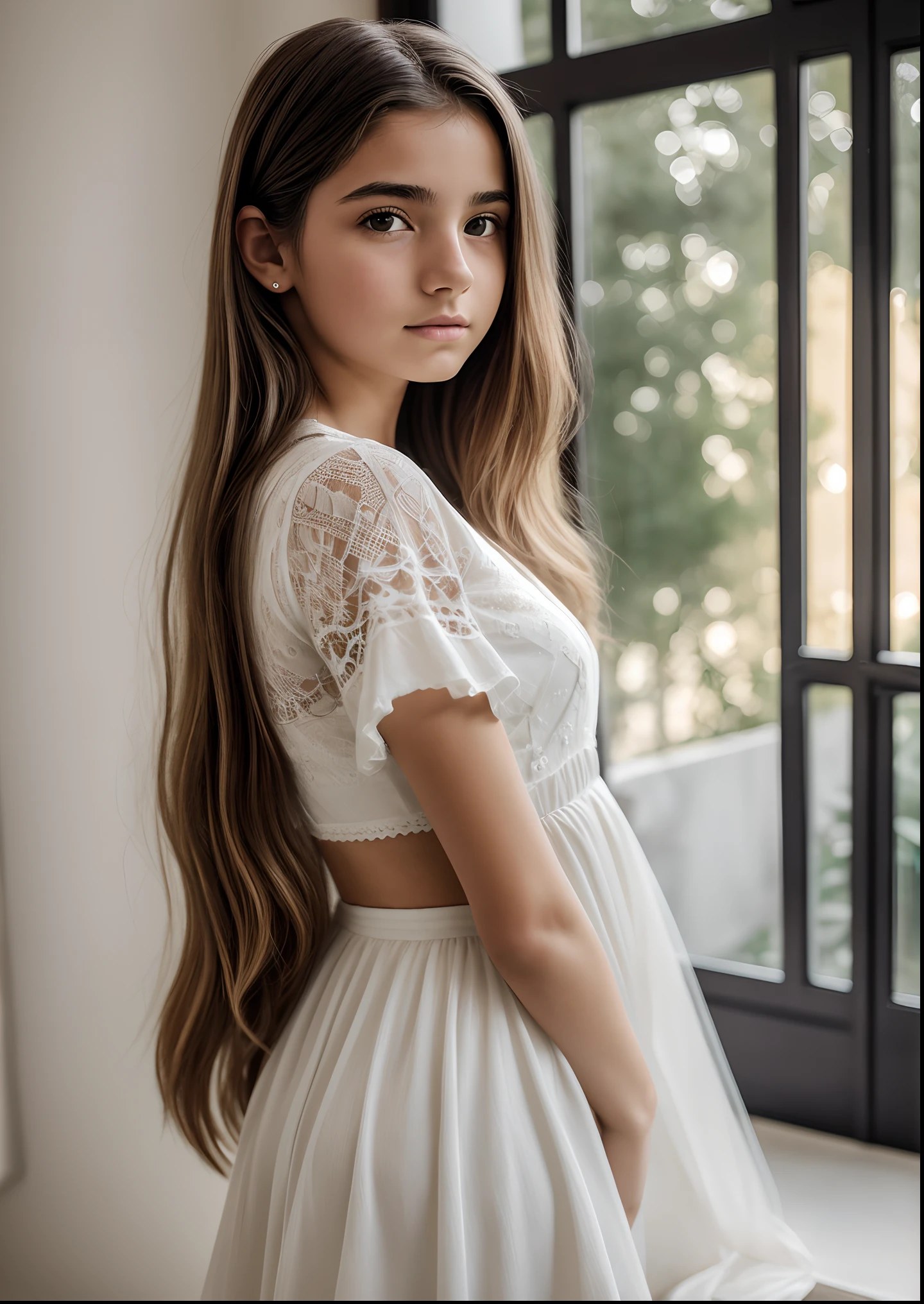 15-year-old long-haired brunette teenager,  taille 155cm yeux marrons clair, très mince metisse de peau en basket blanche et avec une mini robe noir