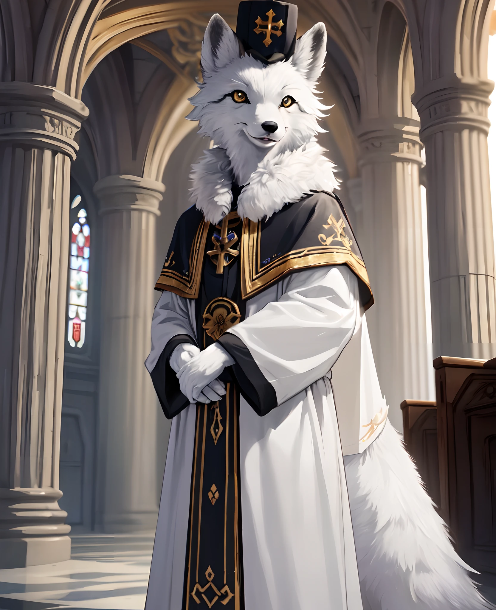 high detail, hyper quality, high resolution, 1080P, solo, furry, (male arctic fox: 1.5), (gray fur: 1.5), (gray skin: 1.5), gray ears, golden eyes, canine paws, (fluffy tail: 1.2), detailed characters, (furry of animal ears), priest costume, priest robe, priest hat, World of Warcraft style, Stand in a church with dim background and natural lighting