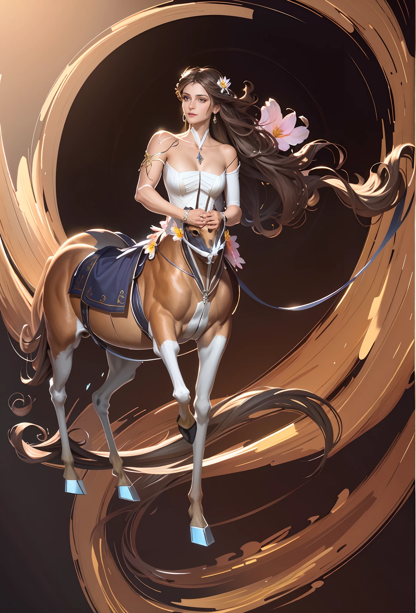 1 centaur，Masterpiece, Highest quality, (((Masterpiece))), (((Maximum level))), ((extra fine)), (illustration), ((Extremely delicate and beautiful)), Dynamic Angle, Floating, (Fairy wings: 1.4), (Beautiful detailed eyes), (Detailed light), (1 girl), Medium bust, Medium long hair, dark brown sparkling eyes, Dark brown hair, Bodycon dress, Natural, (Sunlight), (Painting), (Sketch), (flower), Slight smile, Pastel colors, full anatomy, Upper body, highly detailed beautiful face,