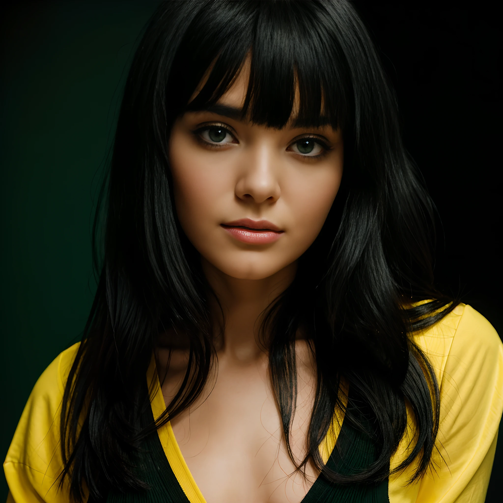 Black studio background Woman 25 years old straight black hair long bangs at eye level yellow studio light coming from above green eyes