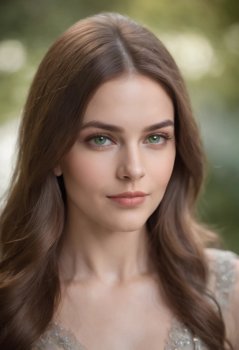 Female 25 years Caucasian straight brown long hair, Characteristic green eyes, dimples, cuerpo proporcionado, usa vestido de seda gris semitransparente