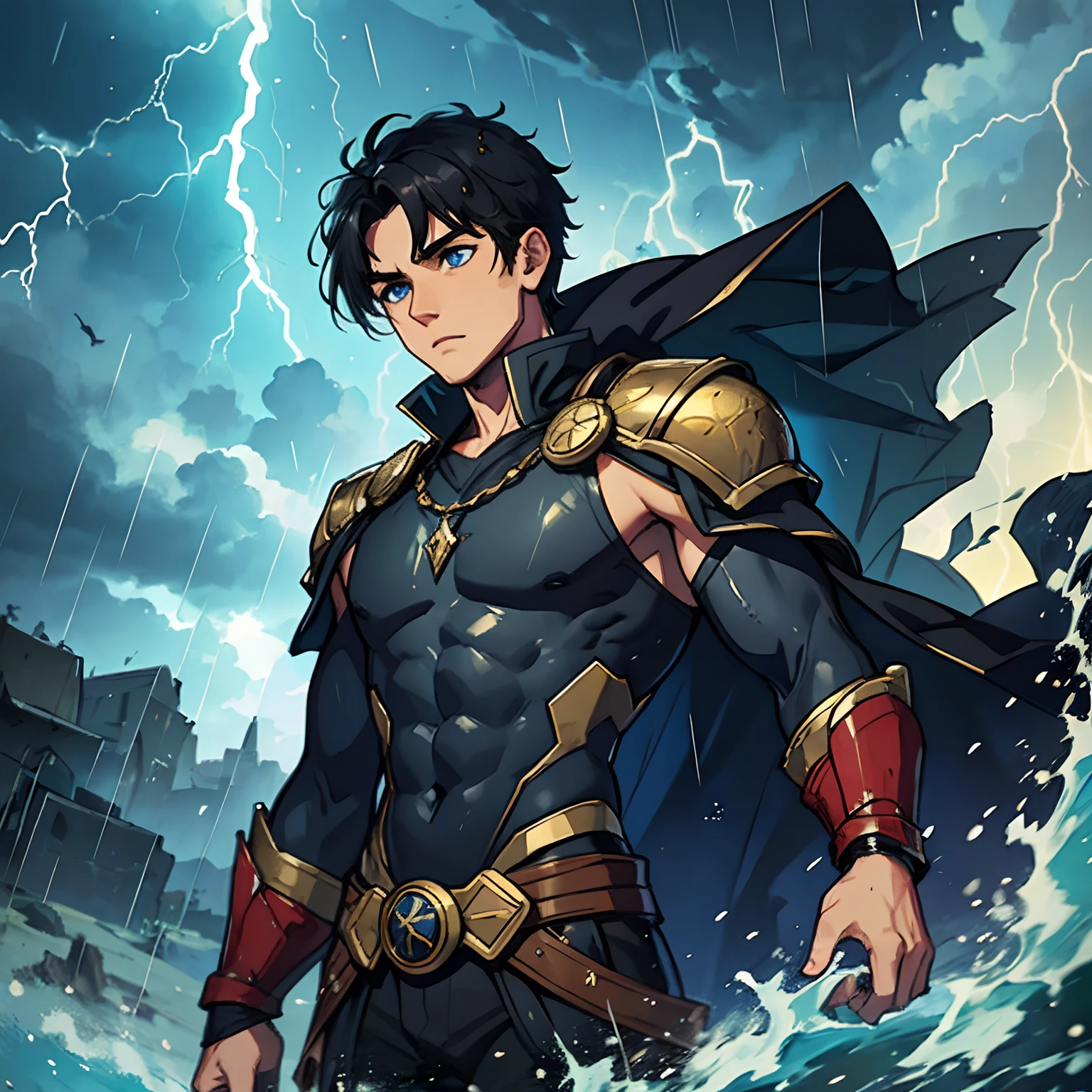 A handsome young man with blue eyes and medium-sized black hair, olhar arrogante, emo, como um corte de cabelo Undercut, corte de cabelo curto, mas com a lateral do cabelo raspada, com um porte fisico muito forte e musculoso, This young man is a warrior, He wears a light suit and is in the middle of a storm, no topo de uma montanha, Like a Prince of Thunder, the sky lit by lightning in the storm, electricity by his thunder magic body he is like a thunder god: Como Thor, He is a warrior prince, magical dark sky, nuvens negras no meio de uma tempestade, water, Rain and Thunder An Art for an RPG A Medieval Art for an RPG