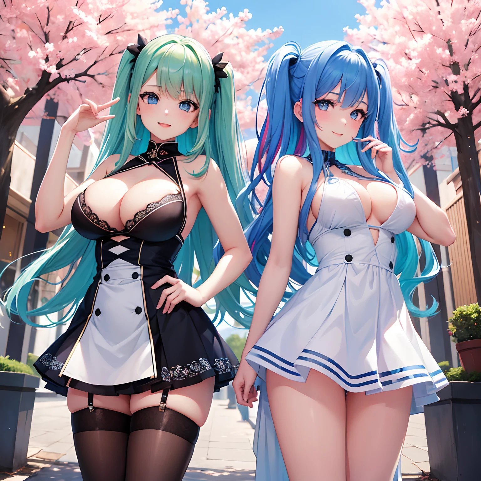 harems,Multiple girls are depicted,,Excellent style,Colossal tits,,blue eyess,girl with,multicolored hair,top-quality,masterpiece,A smile,Beautiful girls,超A high resolution,girl,I'm pulling down my bangs,a beauty girl