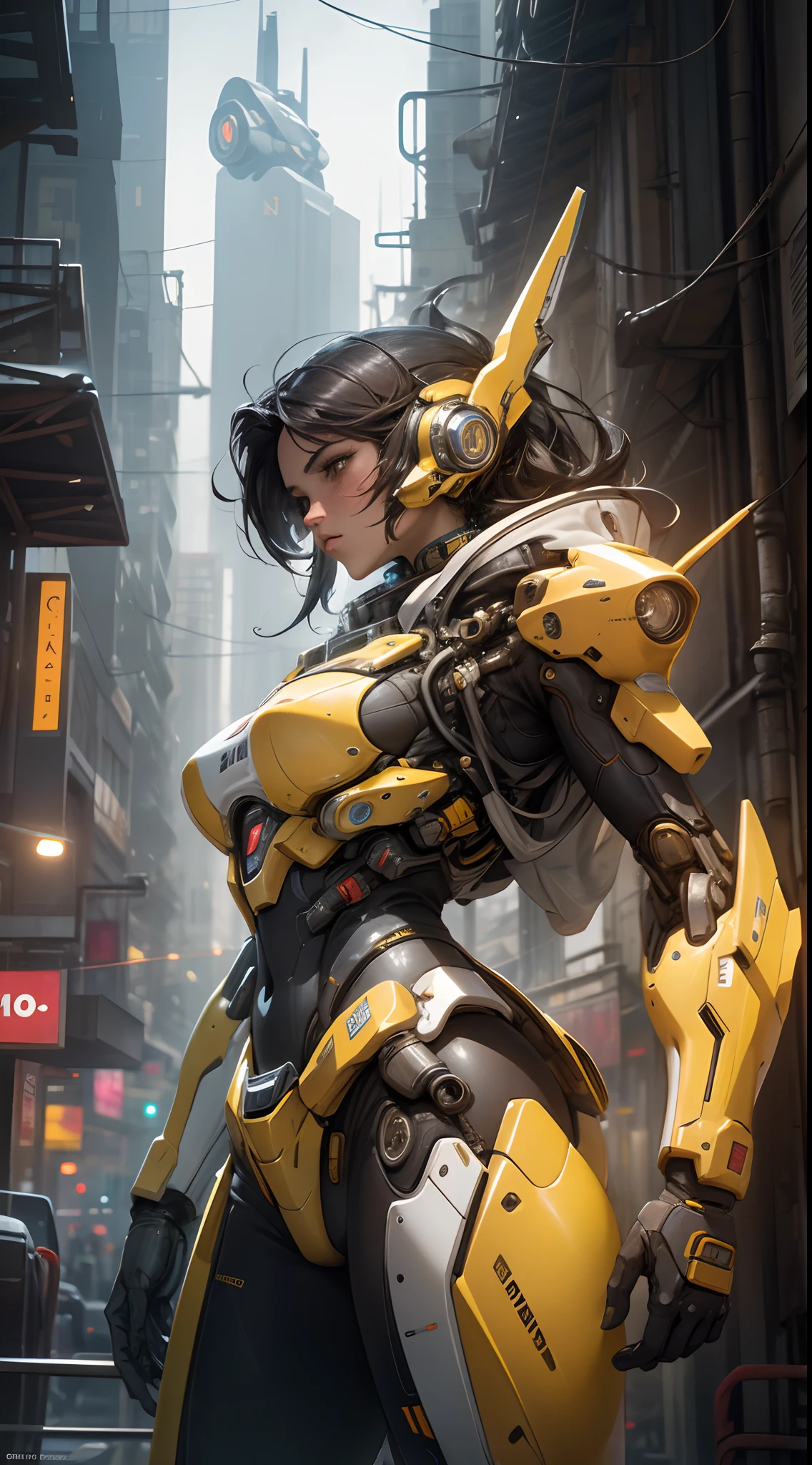 Hermosa mujer, best quality,masterpiece,realistic,sky,night,1man, yellow mecha_robot,relic scenes,cyberpunk,school of fish,(neon lights:0.7),rim lighting,transformers style,motor irreal:1.4,UHD,La mejor calidad:1.4, fotorrealista:1.4, textura de la piel:1.4, obra maestra:1.8,