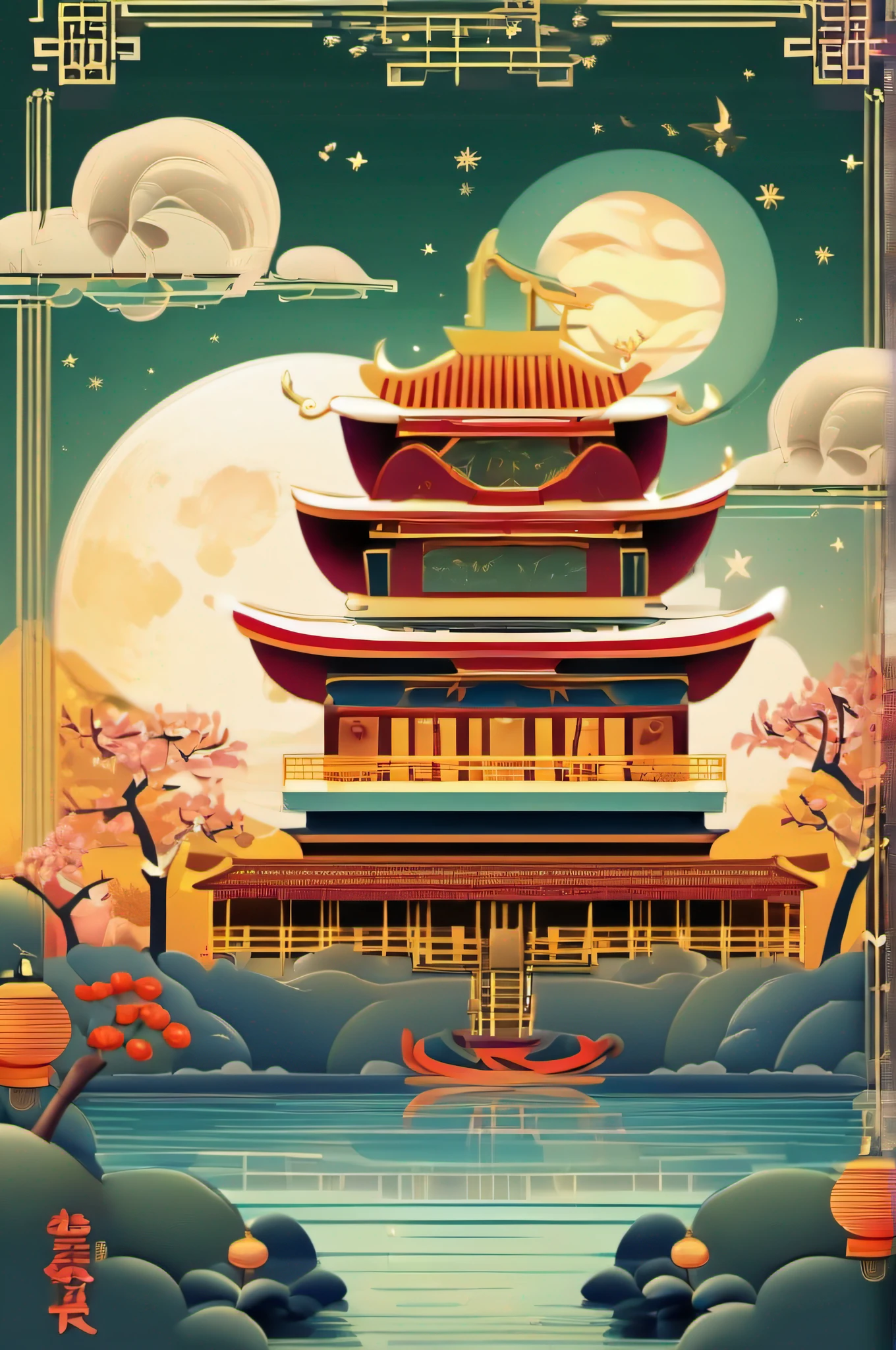Art is commercial illustration,The theme is the Mid-Autumn Festival poster。The background is a scene of the moon and the moon palace,There are lanterns flying outside the moon。The center area of the picture is centered and typeset,The main body is Jade Rabbit making mooncakes。laurel、mont、Eau、Clouds and other details decorated,T-shirt design,rzminjourney,vectorial art