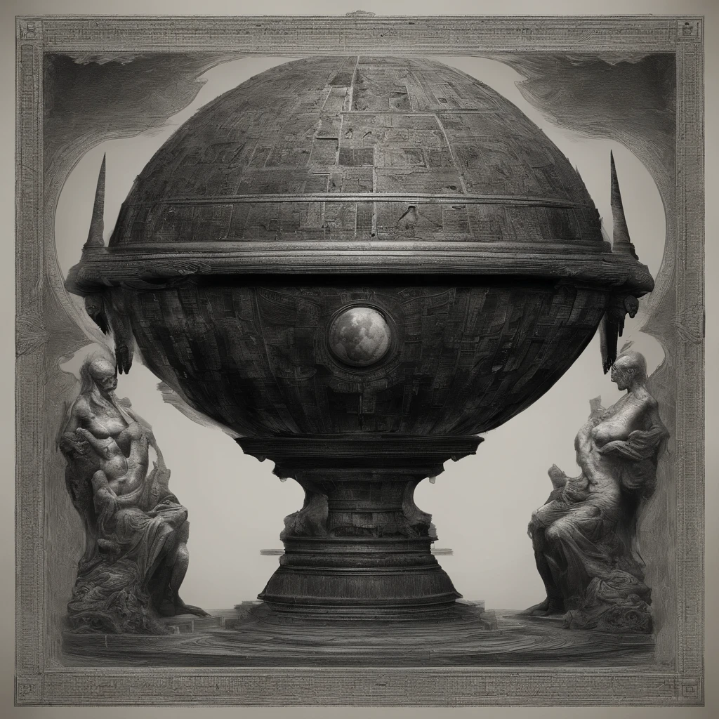 Tallado en un material desconocido y oscuro, Its shape is spherical and perfectly symmetrical, the size of an apple. The surface of this enigmatic object is covered with intricate reliefs, that seem to represent mythological creatures entangled in an eternal dance, el entorno donde se encuentra es el sotano de una mansion antigua.