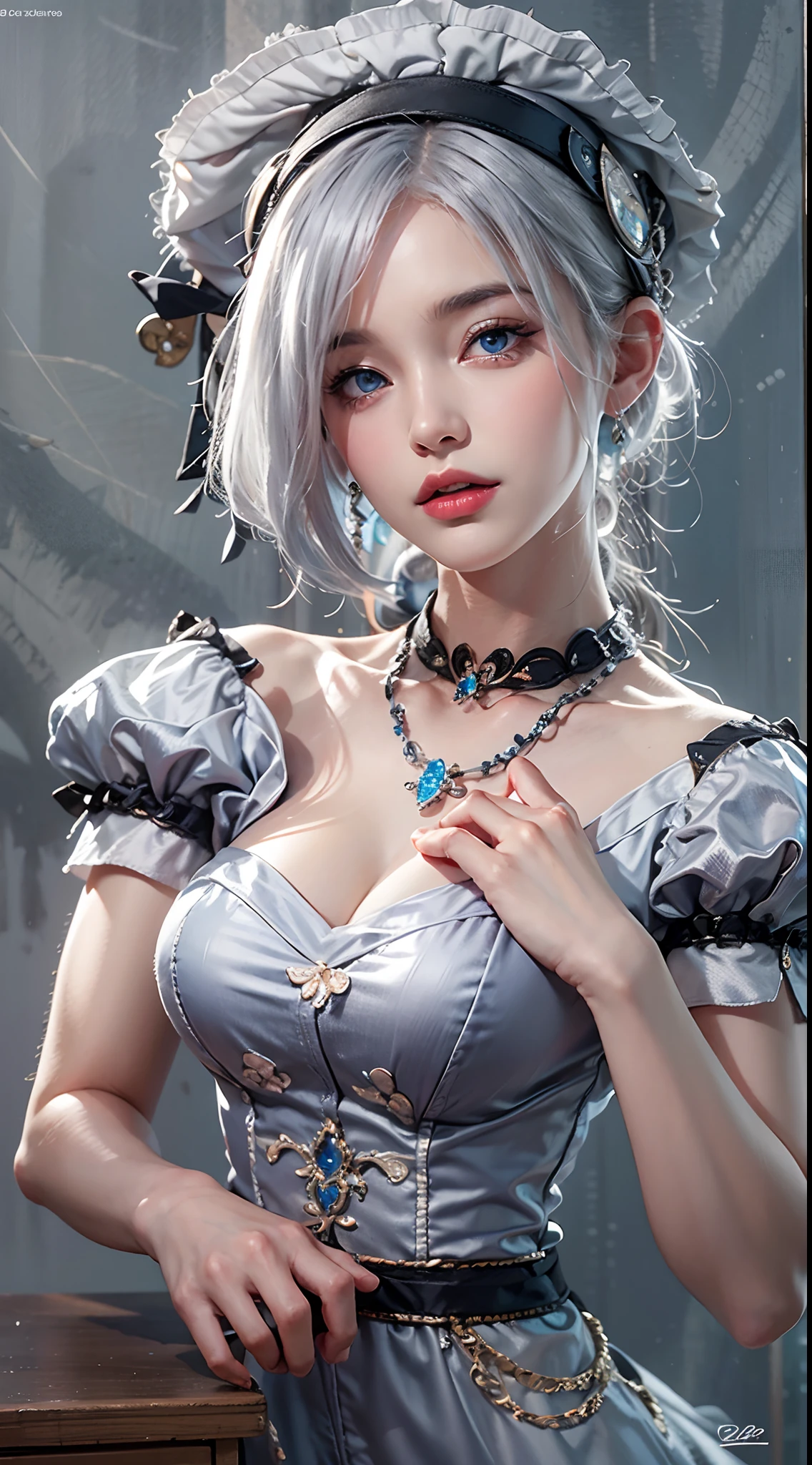 photorealistic, masterpiece, high resolution, soft light, mature female, silver hair, blue eyes, hips up, black maid costume, jewelry, tattoo