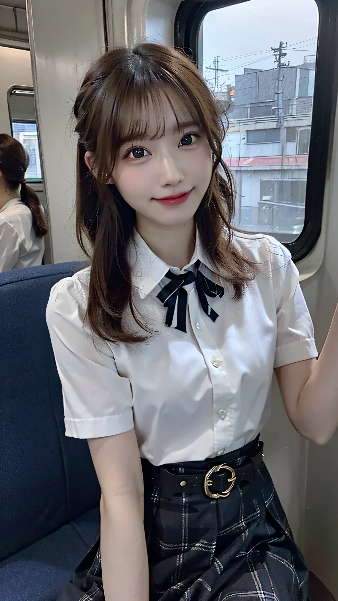 (masterpiece:1.3), (8K, Photorealsitic, Raw photography, Top image quality: 1.4), Japan high school girls、(Random hairstyles:1.2)、(small tits:1.3)、Super Detail Face、Eye of Detail、二重まぶた、foco nítido:1.2、prety woman:1.4、light brown hair、top-quality、超A high resolution、(Photorealsitic:1.4)、very detailed and professional lighting、slender、(A smile)、Japanese girls' high school uniform、The skirt is plaid、(In the train car)、(Looking out the window of the door:1.5)、(Skirt is low waist:1.2)、