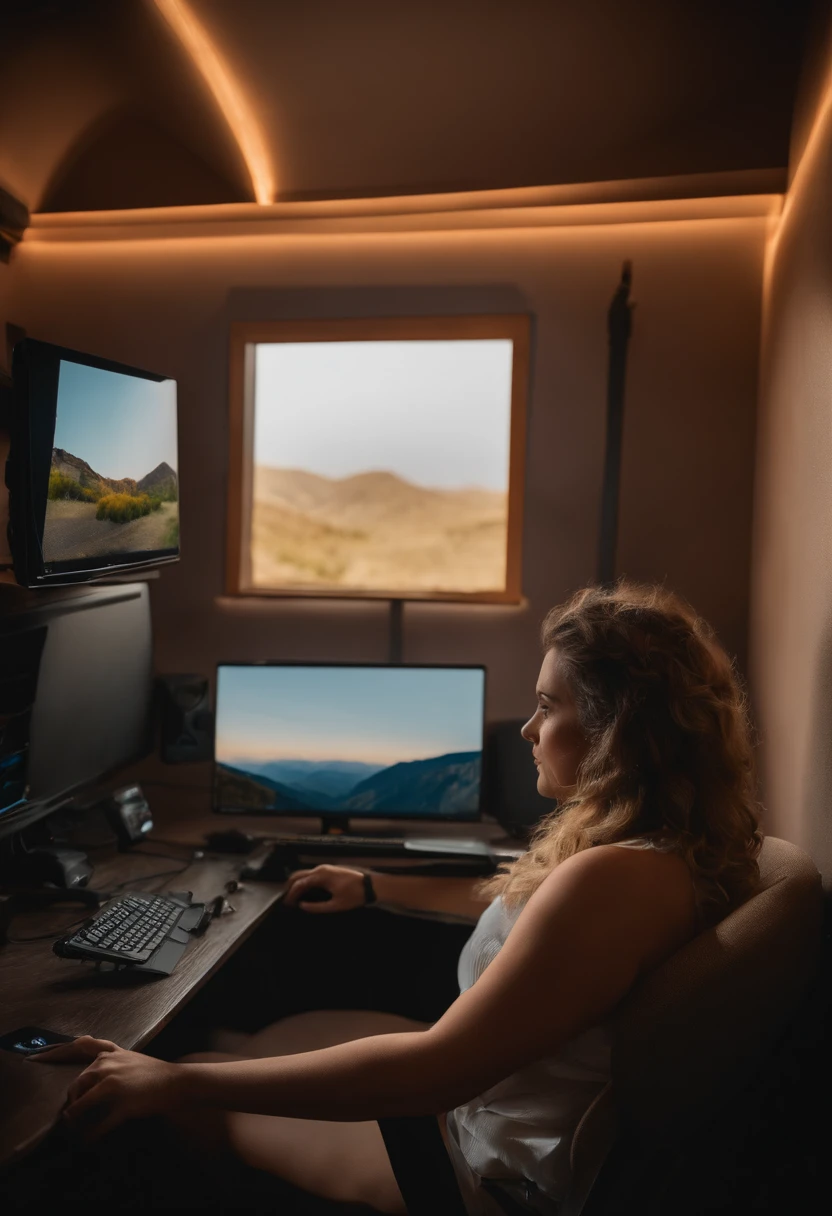 analog style, Foto RAW, Cinematographer, hiper fotorrealista, Foto amateur de una mujer sentada frente a su PC, Silla gaming, Monitorear al mostrar el sitio web para adultos, en su sala de streaming, Piel detallada, Luz cruda natural suave, Altamente detallado, La mejor calidad, Ultra detallado, extremadamente detallado, taken from mobile camera, f/22, profundidad de campo profunda, grano, ruido