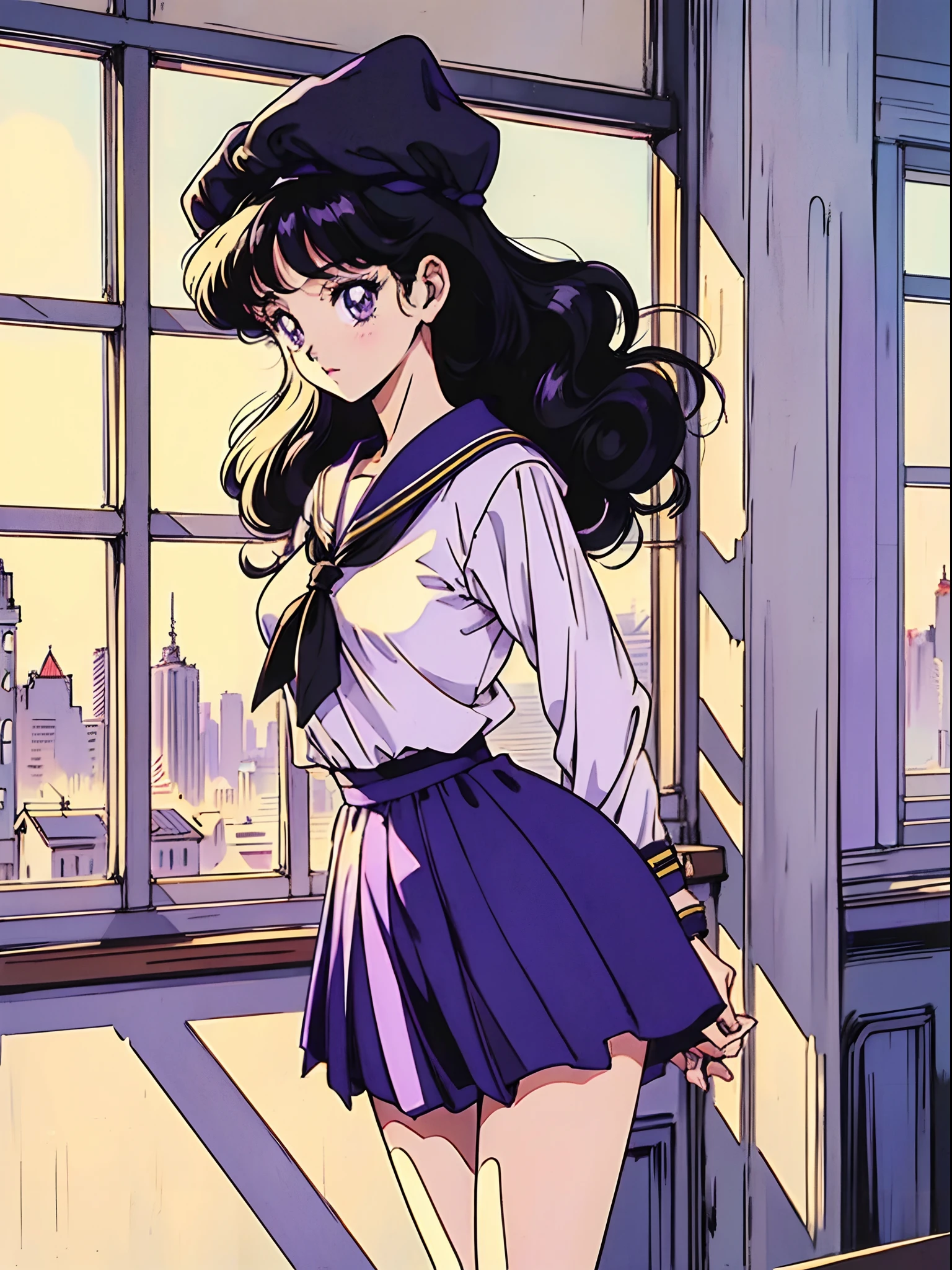 1girl, solo, profile_picture, Black hair, Longhaire, Black sailor suits, Black sailor suit skirt, Purple eyes, Black Beret, ,(vintage 90's:1.1),(romance anime style:1.3), (school classrooms:1.2, early evening), (Sunlight coming in through the window, is standing)