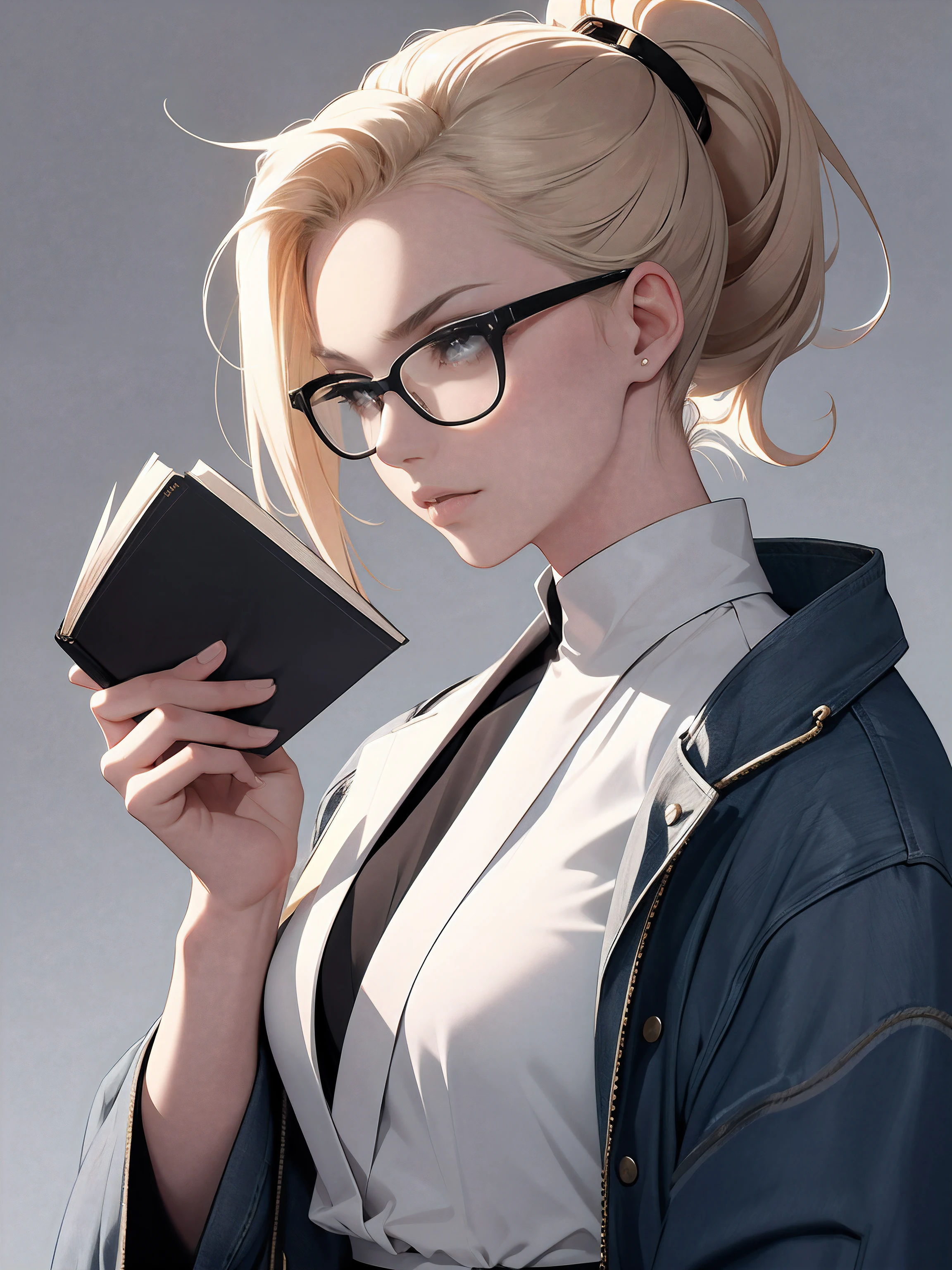 Female with glasses. Reading a book . makeup, mascara, Lips are subdued or colors, monotone, blond, jacket and jeans, simple color palettes, bun hair, ponytail hairstyles, Clean, sharp designs, flowing silhouettes, loose long robe, high-waisted belt, asymmetrical, geometric, Elegant and luxurious materials and designs, Simple, minimal accessories, Distinctive designs, simple silhouettes, chic and mature impression, simple and sophisticated female samurai style, elegance, minimalism, high quality materials, cool and urban impression, high fashion, , simplicity and sophistication, complex background. Low angle