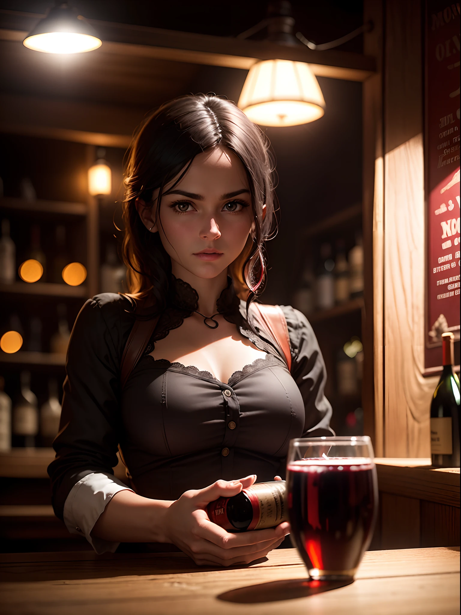 A bar, old time, wooden tables decorations, focuse on the red wine bottle, realistic light, dark moody background, bar, photography shot with Sony Alpha A3, with background bokeh effects, cinematic shots, best quality DSLR shot.