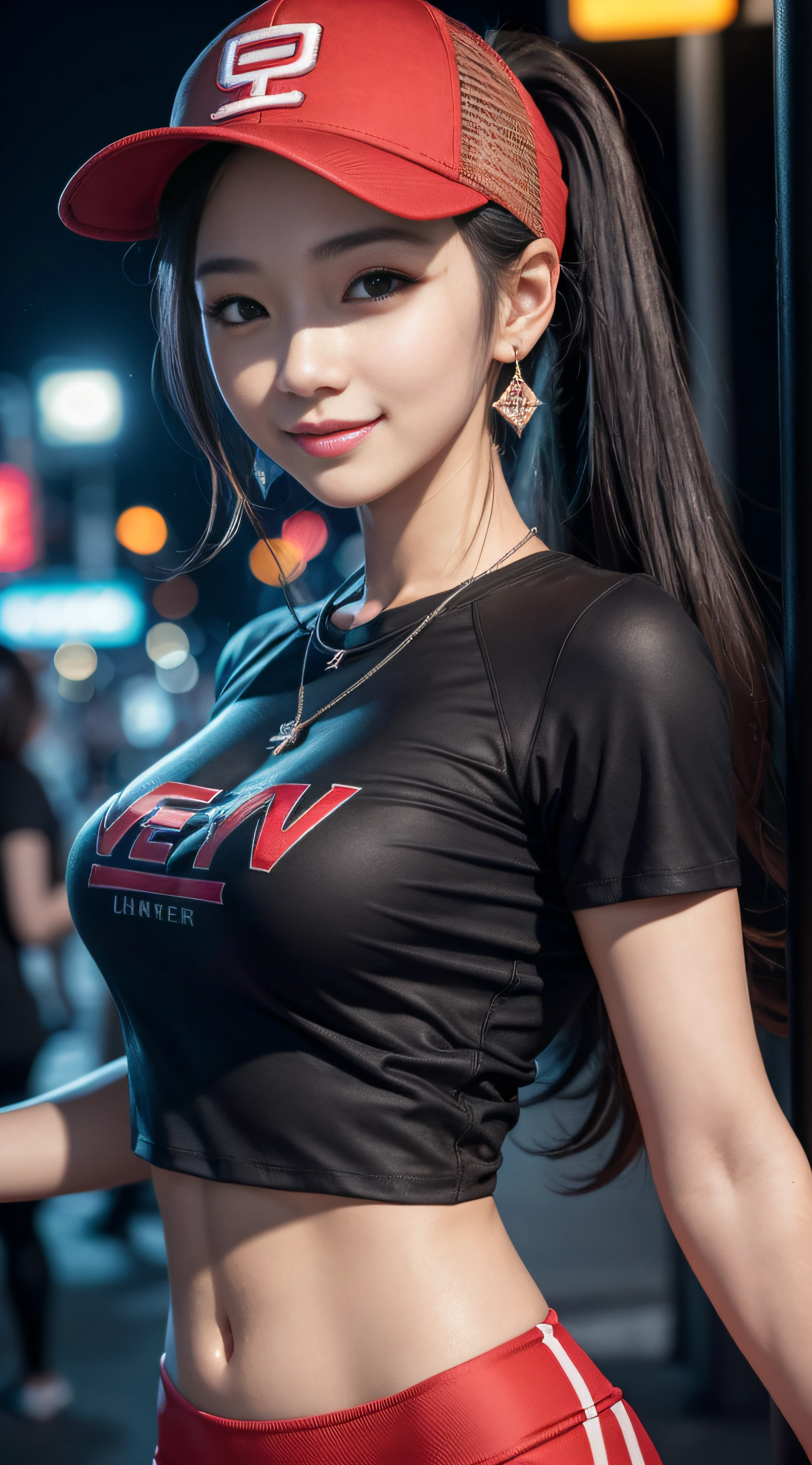 Upscale Variations Remove Background Generation Data Prompts Upscaling 8k, masterpiece, RAW photo, best quality, photorealistic, extremely detailed CG unity 8k wallpaper, Depth of field, Cinematic Light, Lens Flare, Ray tracing, (extremely beautiful face, beautiful lips, beautiful eyes), intricate detail face, ((ultra detailed skin)) 1girl, in the dark, deep shadow, pretty korean girl, kpop idol,(very slim slender fit-muscled body), ((looking at viewer)),(big smile), (fashion city night, (neon sign), (blurry background), fashion street night),(vacant city), (without people in the background), pretty korean girl, white diamond earrings, dia bracelets, dia necklace, clear eyes, walking , front shot, (pale skin), face forward, (big eyes), ((upper body shot)), (baseball cap('c' marked)), ((black color leggings)), (camel toe, vulva shape), ((red T-shirt)), (ponytail) (looking at viewer), medium breasts,((smile))