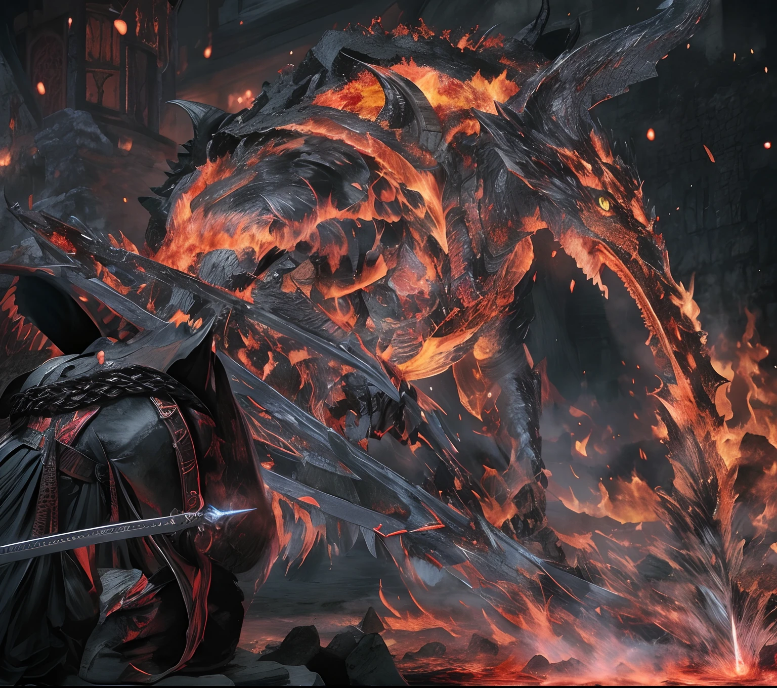 A closeup of a demonic creature with a sword in a dark room, hot maw detalhado, Chefe de Dark Souls, maw detalhado, chefe de sangue, monstro transportado por sangue, dragon made out of molten lava, do jogo de software, Almas Negras 3, Minion como um chefe de Darksouls, flame conjuring armored, brasas voando, Elden Chefe do Anel, Almas Negras III