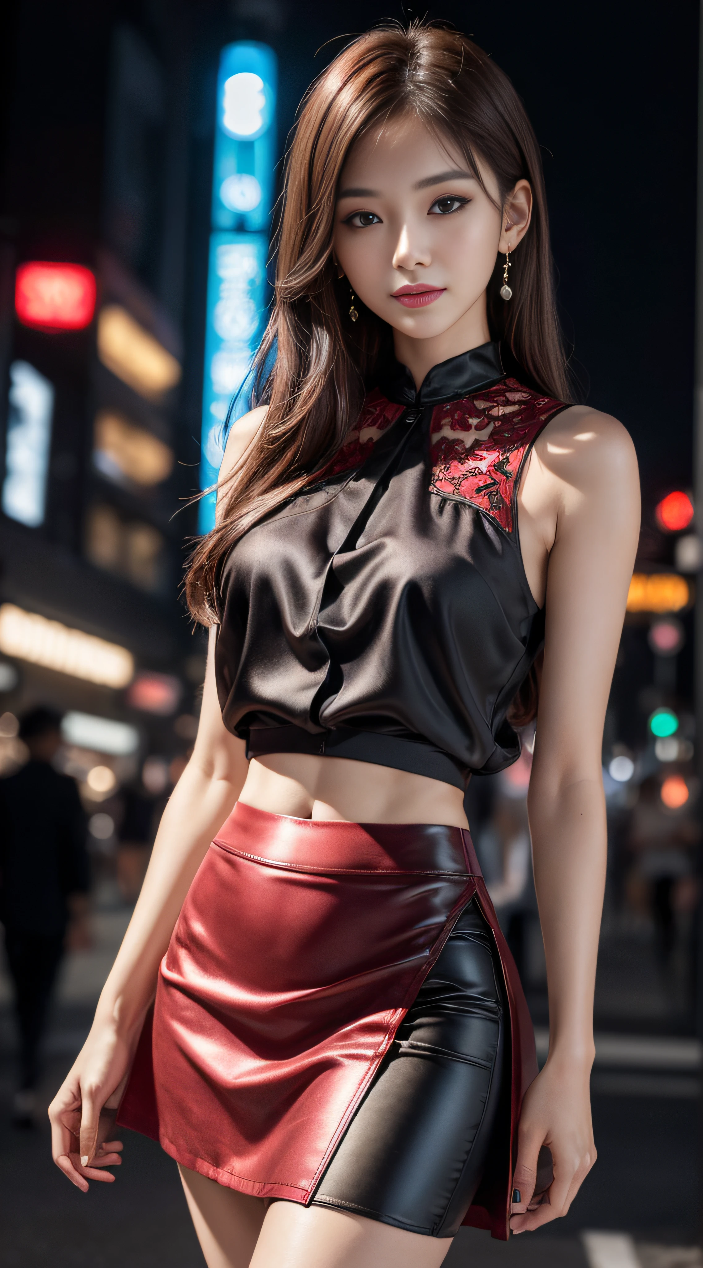 8k, masterpiece, RAW photo, best quality, photorealistic, extremely detailed CG unity 8k wallpaper, Depth of field, Cinematic Light, Lens Flare, Ray tracing, (extremely beautiful face, beautiful lips, beautiful eyes), intricate detail face, ((ultra detailed skin)) 1girl, in the dark, deep shadow, pretty korean girl, kpop idol,(very slim slender fit-muscled body:1.3), ((looking at viewer)),(big smile:1.3), (tight mini skirt, sleeveless), (fashion city night, (neon sign), (big building), fashion street night),(no people), (without people in the background:1.3), pretty korean girl, white diamond earrings, dia bracelets, dia necklace, pantyhose, clear eyes, walking , front shot, (pale skin), face forward, (big eyes), ((upper body shot)), ((silk blouse)), ((black, red color skirt:1.3)), (brown hairs) (looking at viewer:1.3), (see through), medium breasts