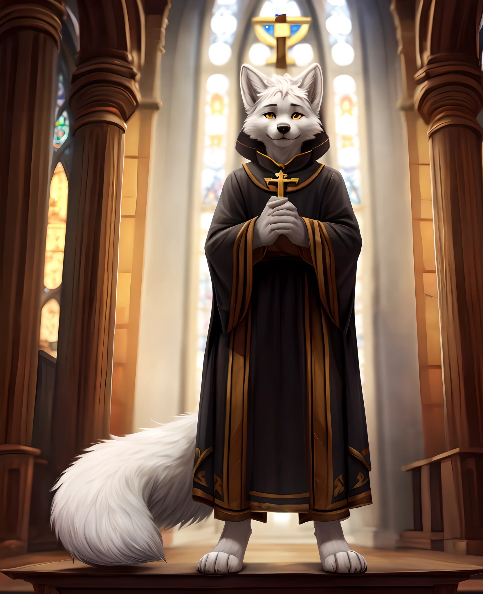 high detail, hyper quality, high resolution, 1080P, solo, furry, (male arctic fox: 1.5), (gray fur: 1.5), (gray skin: 1.5), gray ears, golden eyes, canine paws, (fluffy tail: 1.2), detailed characters, (furry of animal ears), priest costume, priest robe, priest hat, World of Warcraft style, Stand in a church with dim background and natural lighting