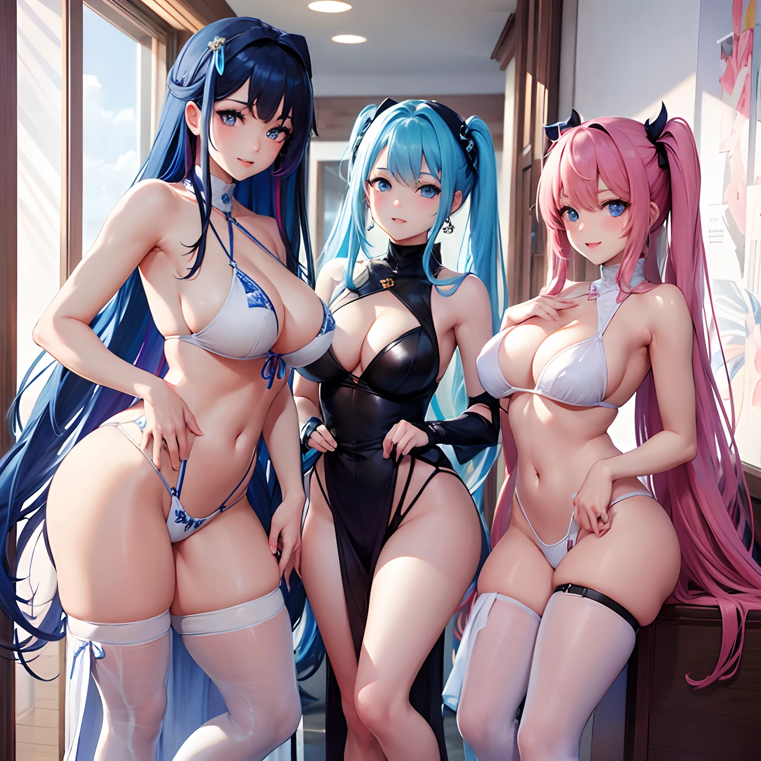 harems,Multiple girls are depicted,,Excellent style,Colossal tits,,blue eyess,girl with,multicolored hair,top-quality,masterpiece,A smile,Beautiful girls,超A high resolution,girl,I'm pulling down my bangs,a beauty girl