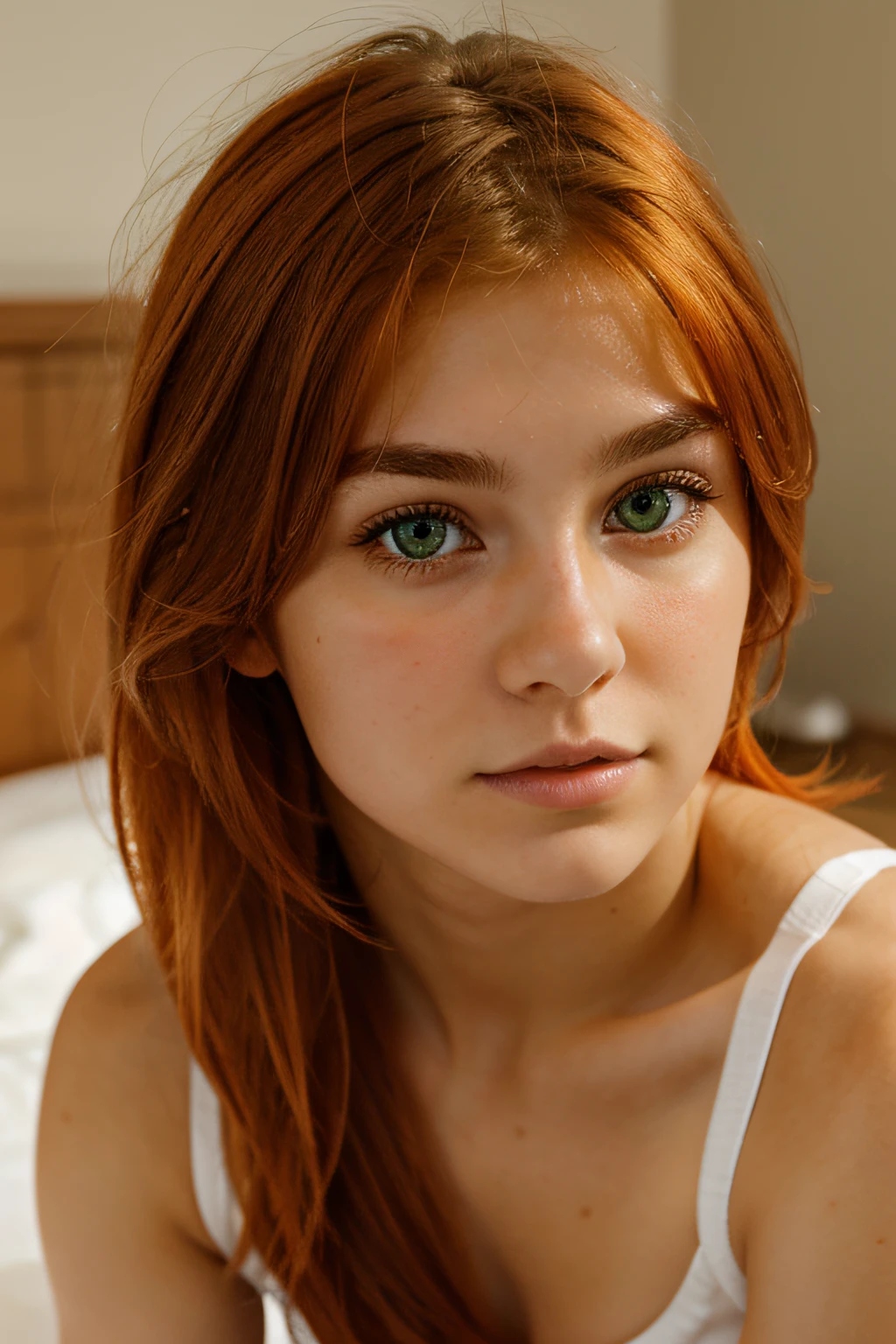18 years old girl, hirsute orange hair, green brown eyes, muscular