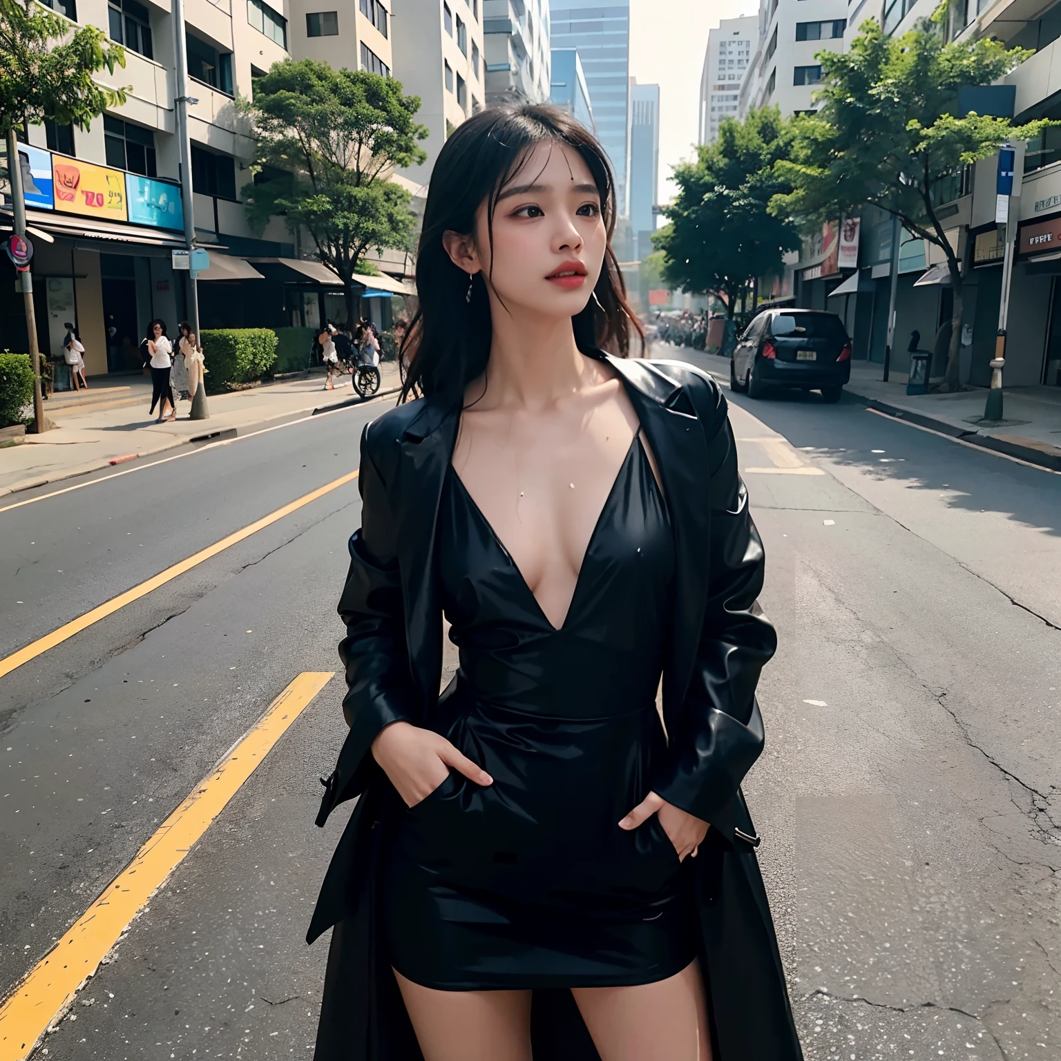 Fantastic Thai Songkran scene,1 Girl wearing deep V backless dress,black black jacket,wet clothes, Masterpiece, high detal,Fine lines, Delicate curves, flowing fabrics, photo-realistic