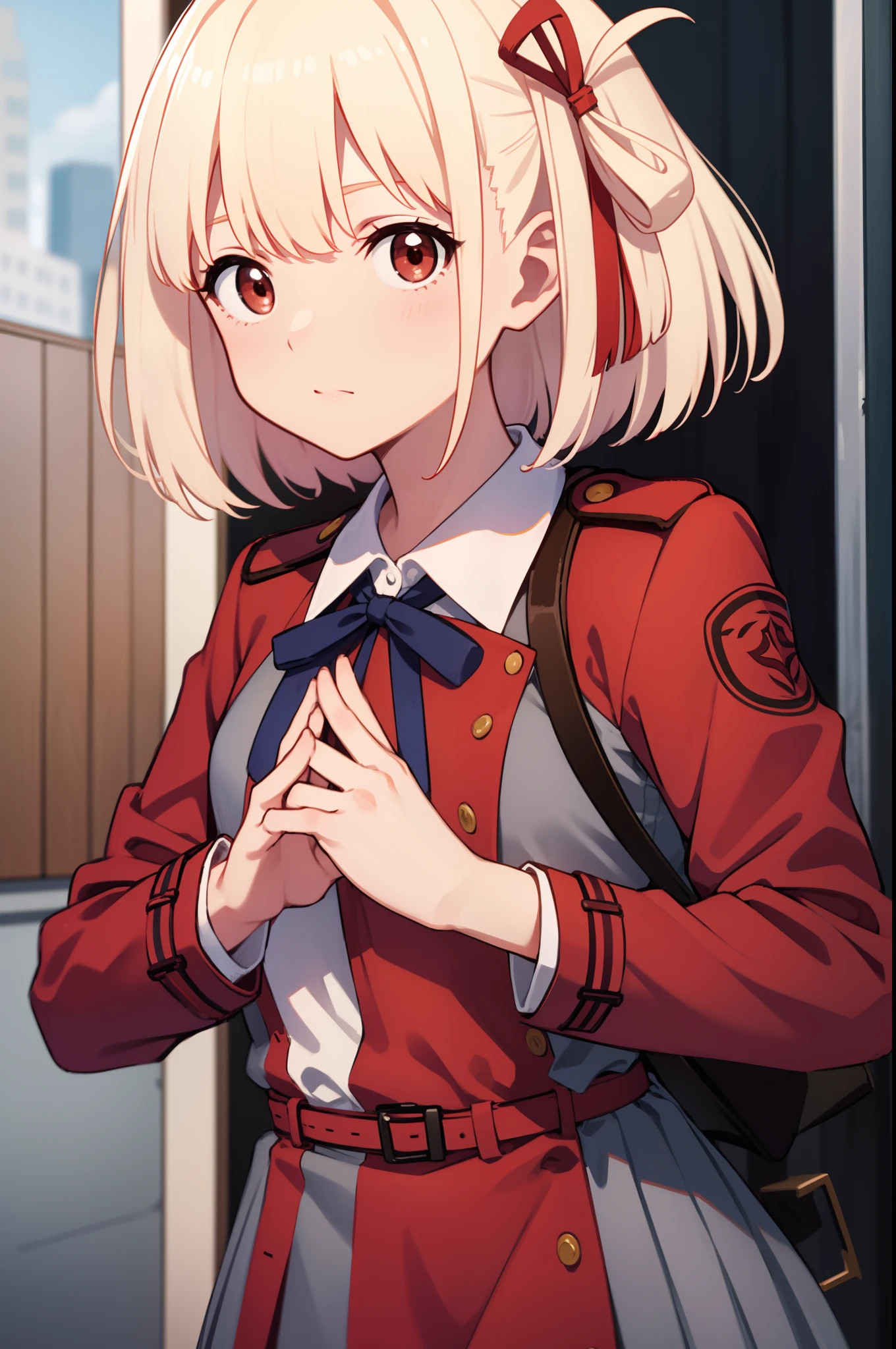 chisatonishikigi, nishikigi chisato, short hair, bangs, blonde hair, (red eyes:1.5), hair ribbon, one side up, bob cut,
BREAK shirt, long sleeves, dress, ribbon, white shirt, collared shirt, belt, neck ribbon, red dress, blue ribbon, pleated dress, grey dress, two-tone dress, red belt, lycoris uniform,,
BREAK outdoors, city,
BREAK looking at viewer, BREAK (masterpiece:1.2), best quality, high resolution, unity 8k wallpaper, (illustration:0.8), (beautiful detailed eyes:1.6), extremely detailed face, perfect lighting, extremely detailed CG, (perfect hands, perfect anatomy),