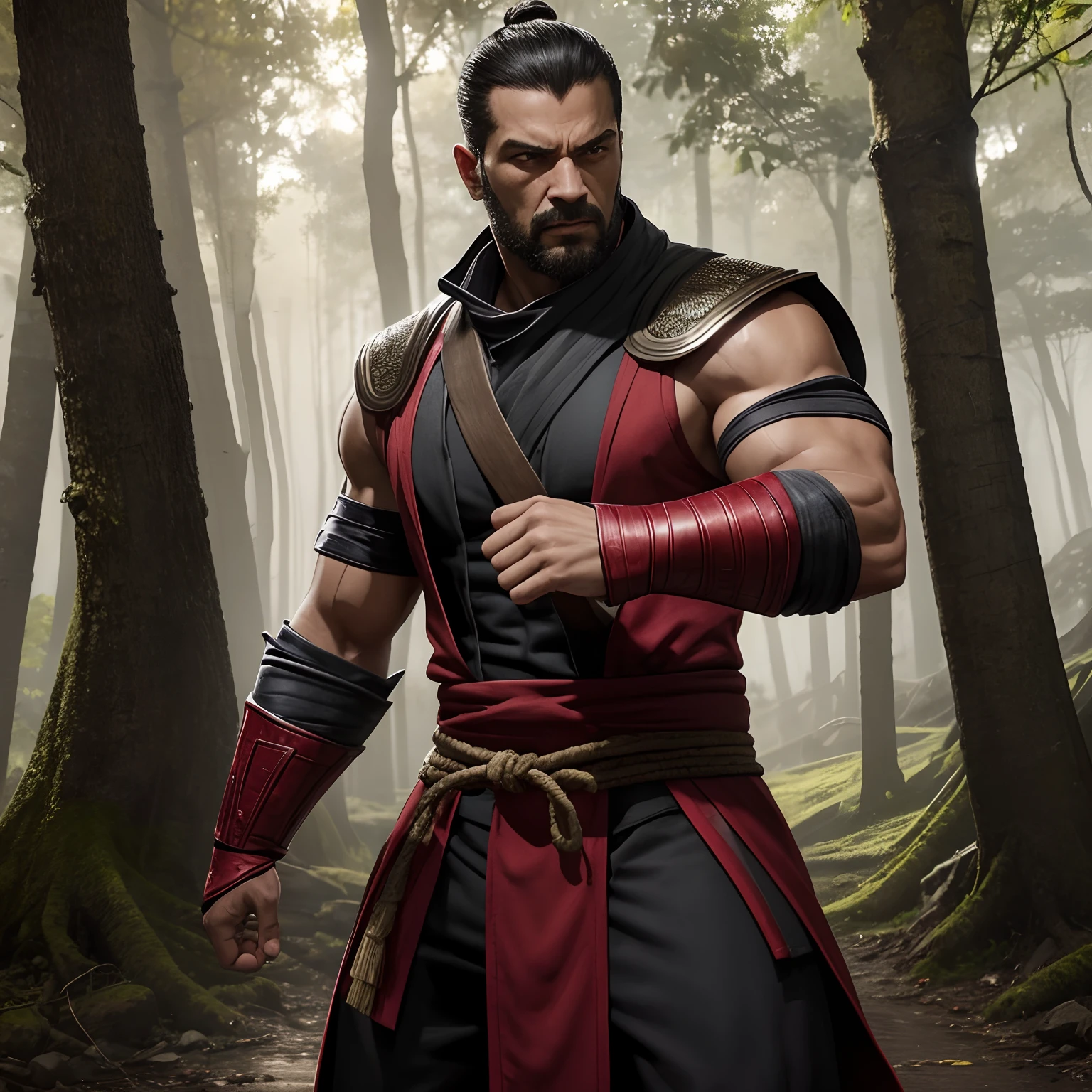 "Create a high-resolution illustration in digital format (4K) de um personagem masculino representando um monge, vestindo vestes tradicionais, com os olhos vendados. Ele deve estar em uma pose de luta agressiva, demonstrando postura marcial, with hands and feet positioned according to Mortal Kombat's fighting style. Ademais, adicione uma aura vermelha intensa que envolve todo o corpo do monge, radiating a sense of power. A cena deve se passar em uma densa floresta, with daylight visible through the trees, criando um contraste interessante com a aura vermelha. Be sure to pay attention to the details and visual quality of the image."